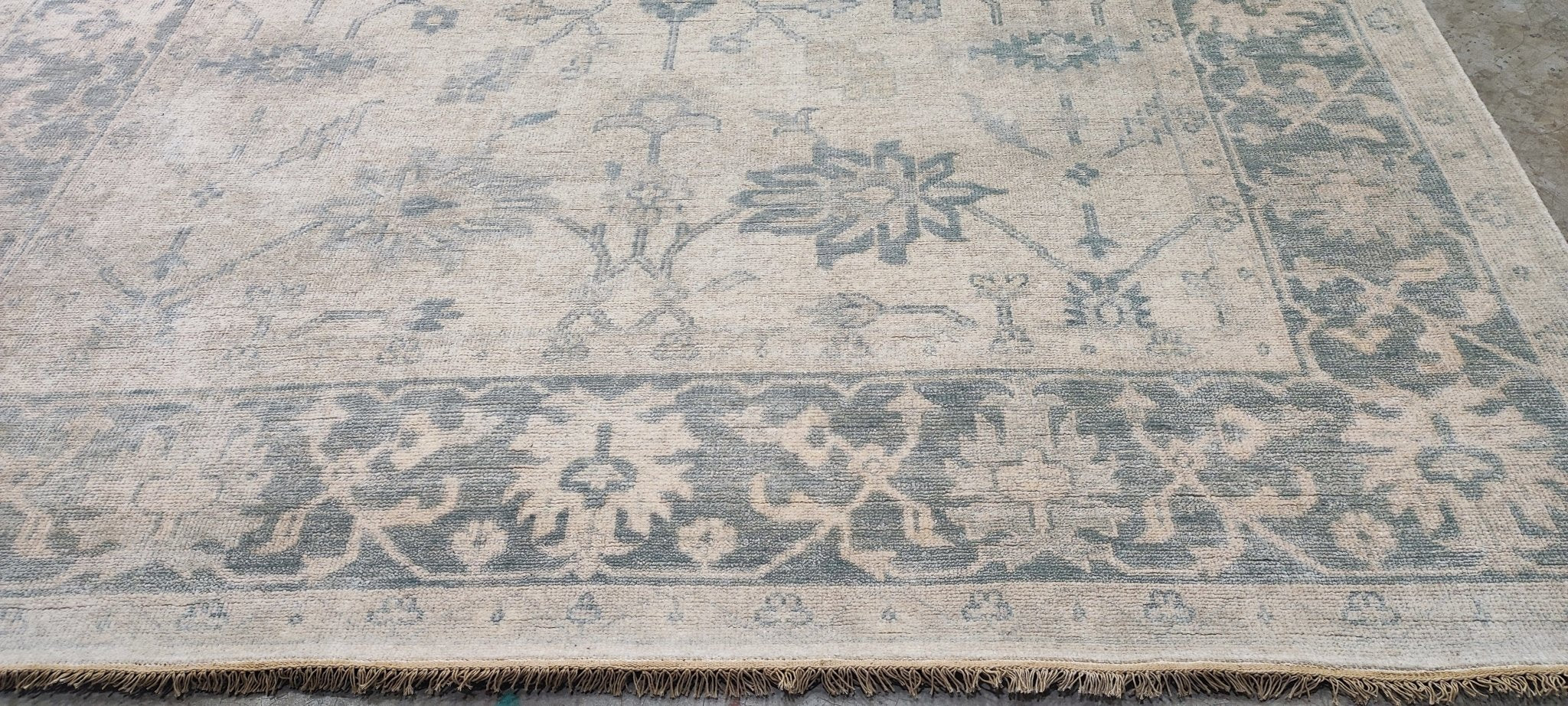 Christine Gachot 9x12 Ivory and Light Green Hand-Knotted Oushak Rug | Banana Manor Rug Company