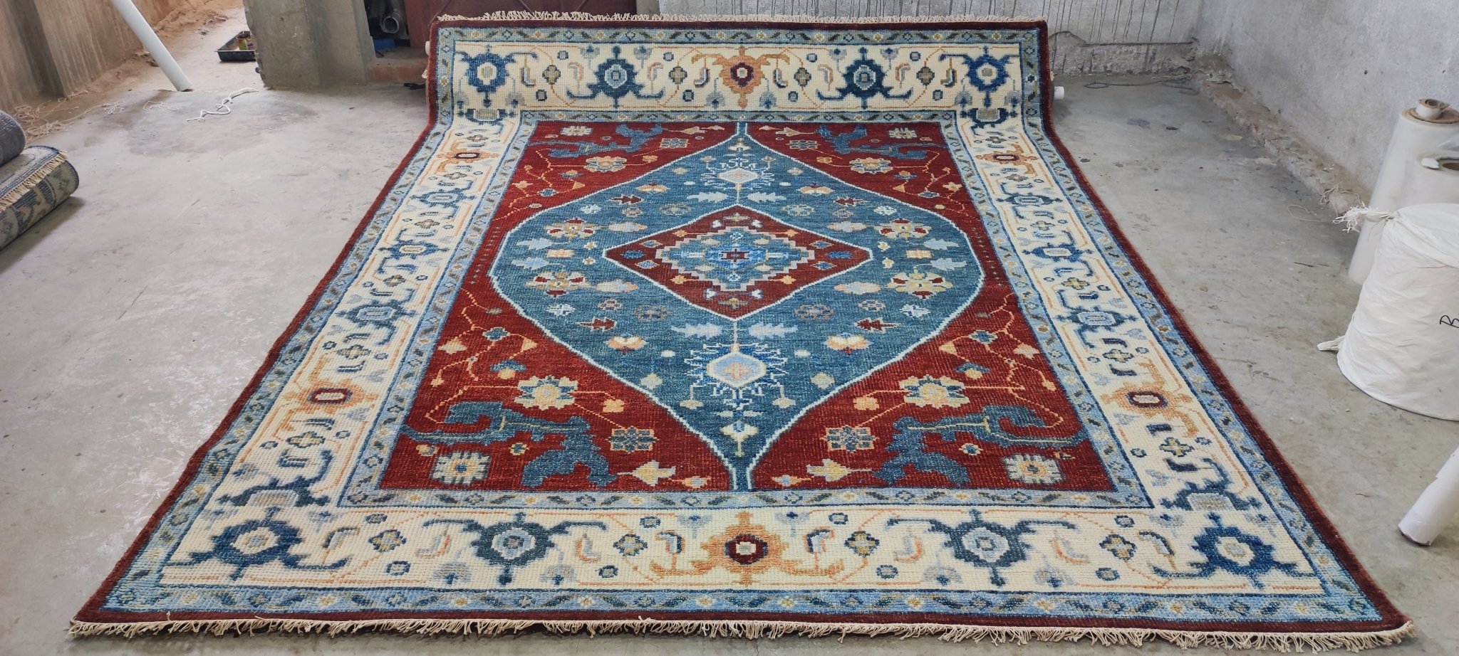 Claudia Afshar Red, Blue, and Ivory Hand-Knotted Oriental Rug 8x10 | Banana Manor Rug Company