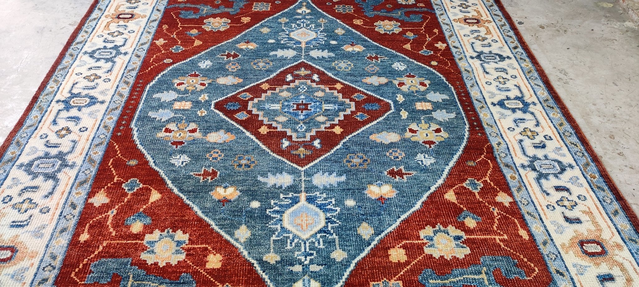 Claudia Afshar Red, Blue, and Ivory Hand-Knotted Oriental Rug 8x10 | Banana Manor Rug Company