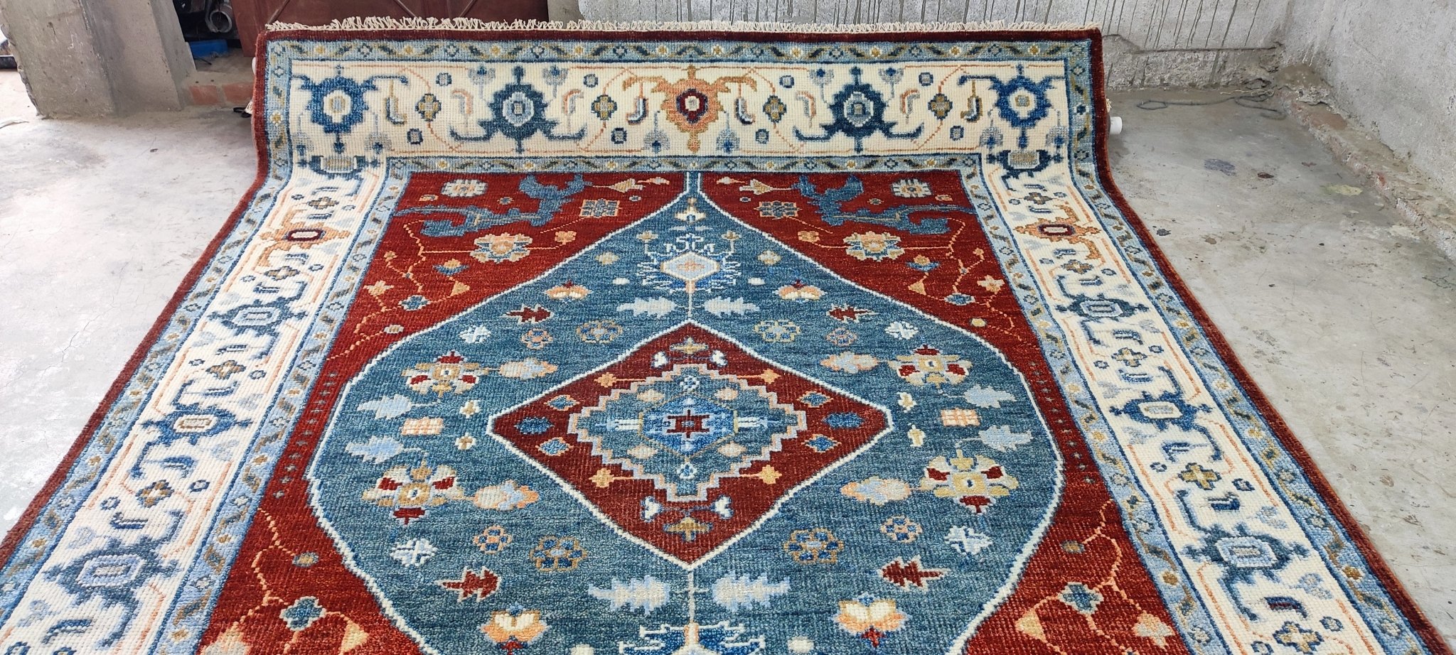 Claudia Afshar Red, Blue, and Ivory Hand-Knotted Oriental Rug 8x10 | Banana Manor Rug Company