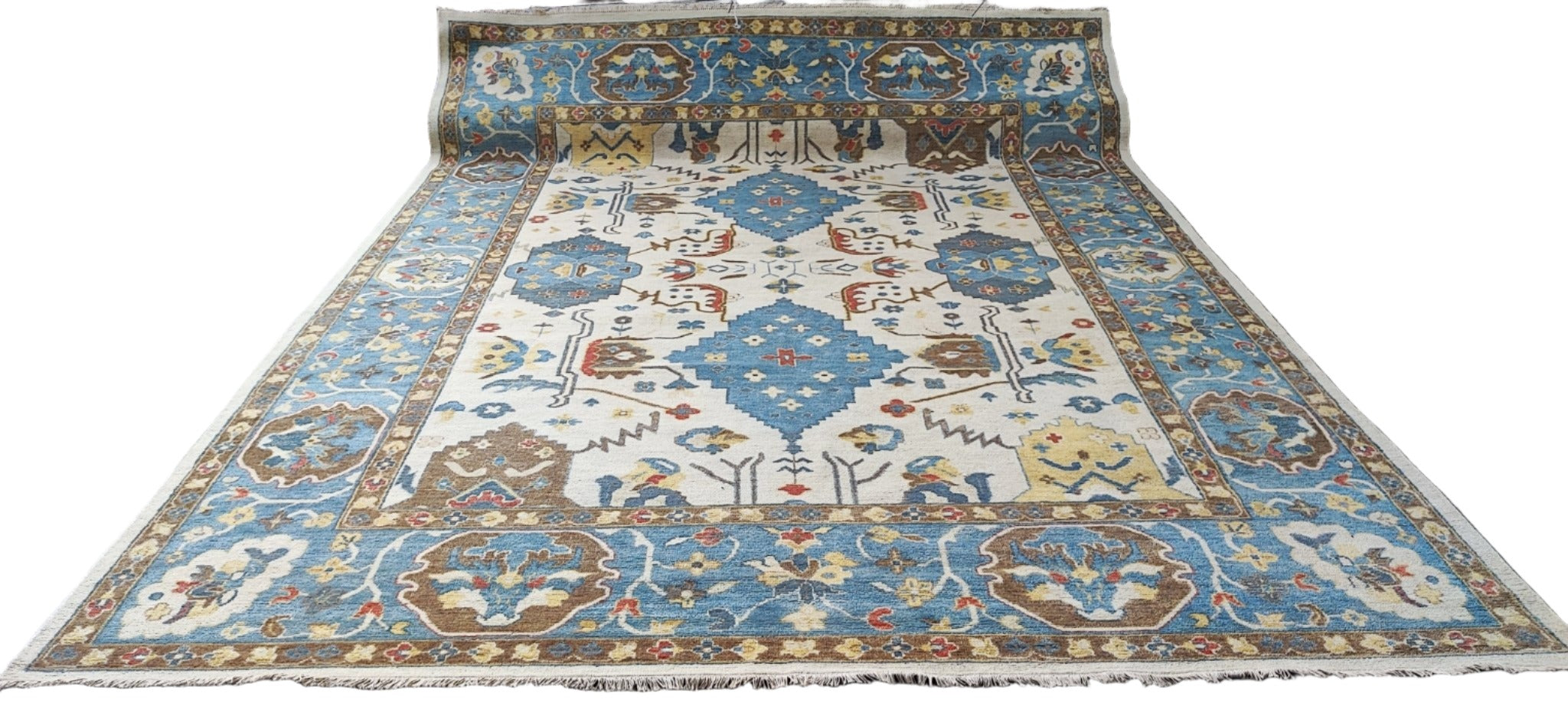 Claudia Cardinale 9x11.9 Hand-Knotted Ivory & Blue Oushak | Banana Manor Rug Factory Outlet