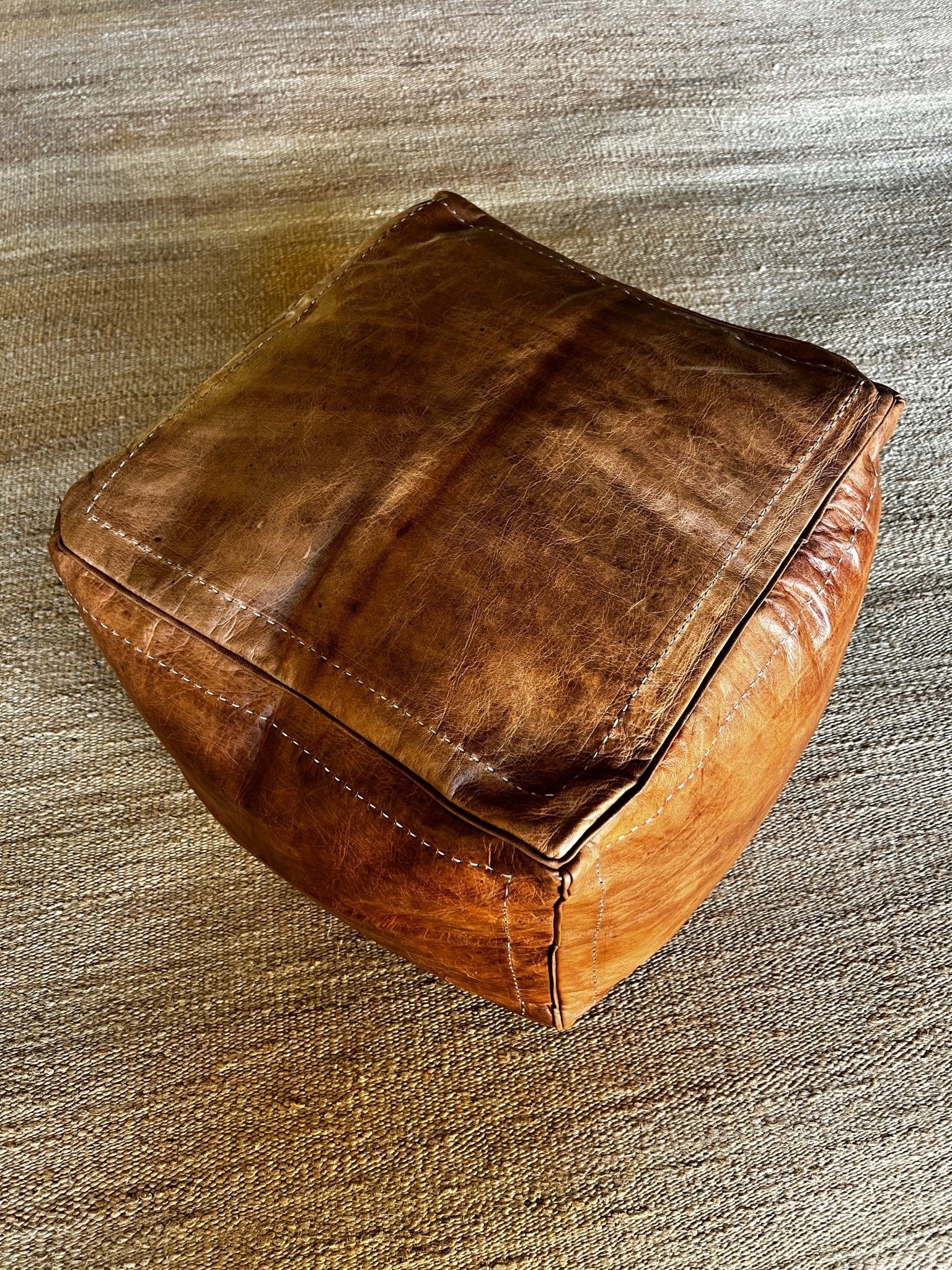 Cliff Booth 20"x20"x20" Brown Leather Moroccan Floor Cushion/ Pouffe | Banana Manor Rug Company