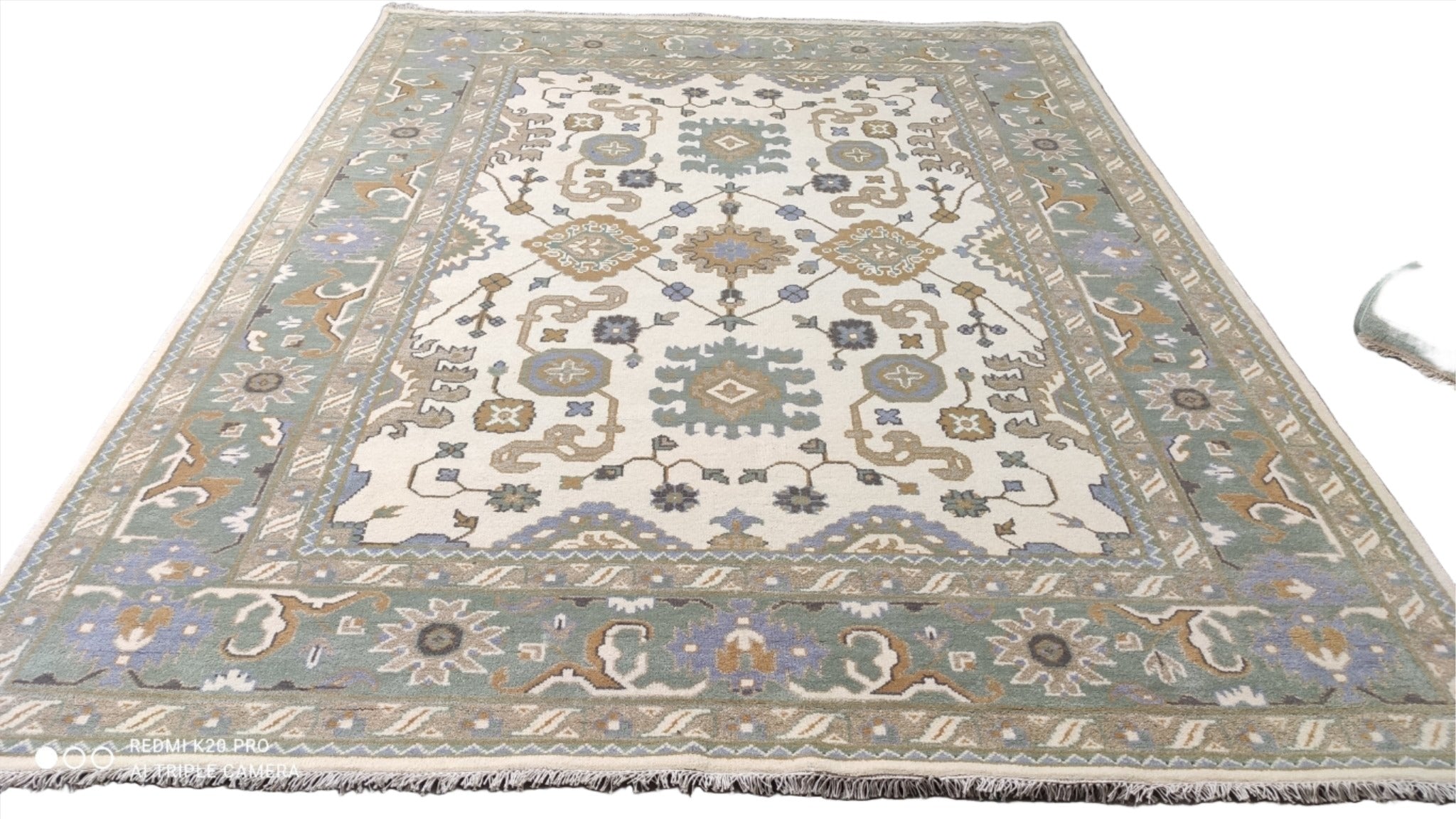 Constance 7.10x10 Ivory and Light Green Hand-Knotted Oushak Rug | Banana Manor Rug Company