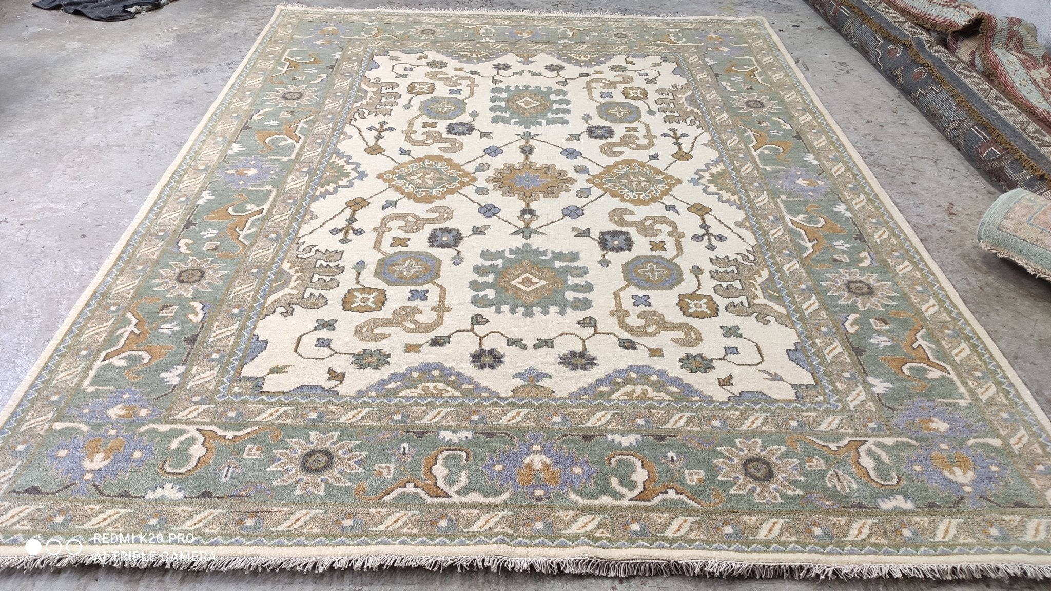 Constance 7.10x10 Ivory and Light Green Hand-Knotted Oushak Rug | Banana Manor Rug Company