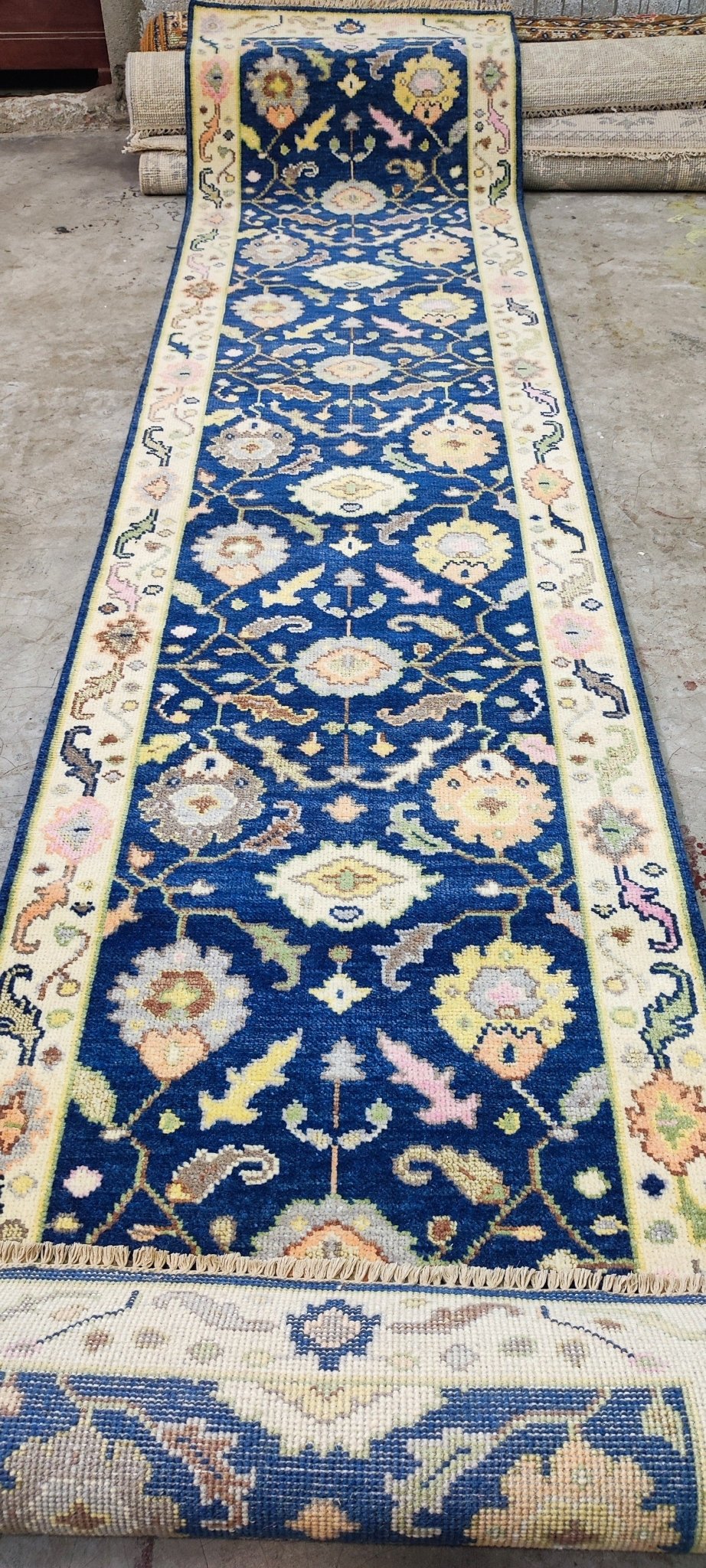 Corinna 2.6x12 Hand-Knotted Blue & Beige Oushak | Banana Manor Rug Factory Outlet