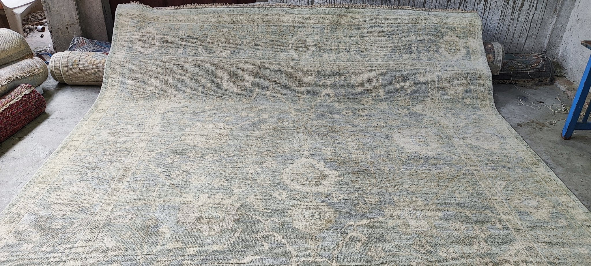 Dagmar 9x12 Hand-Knotted Aqua & Silver Turkish Oushak | Banana Manor Rug Factory Outlet