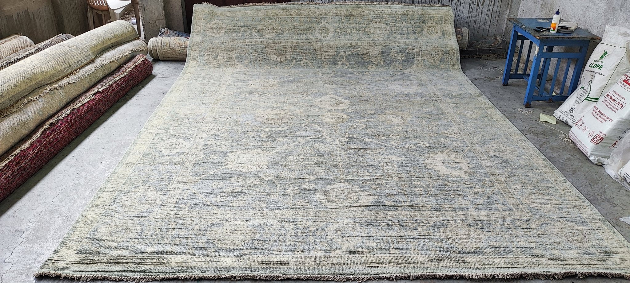Dagmar 9x12 Hand-Knotted Aqua & Silver Turkish Oushak | Banana Manor Rug Factory Outlet