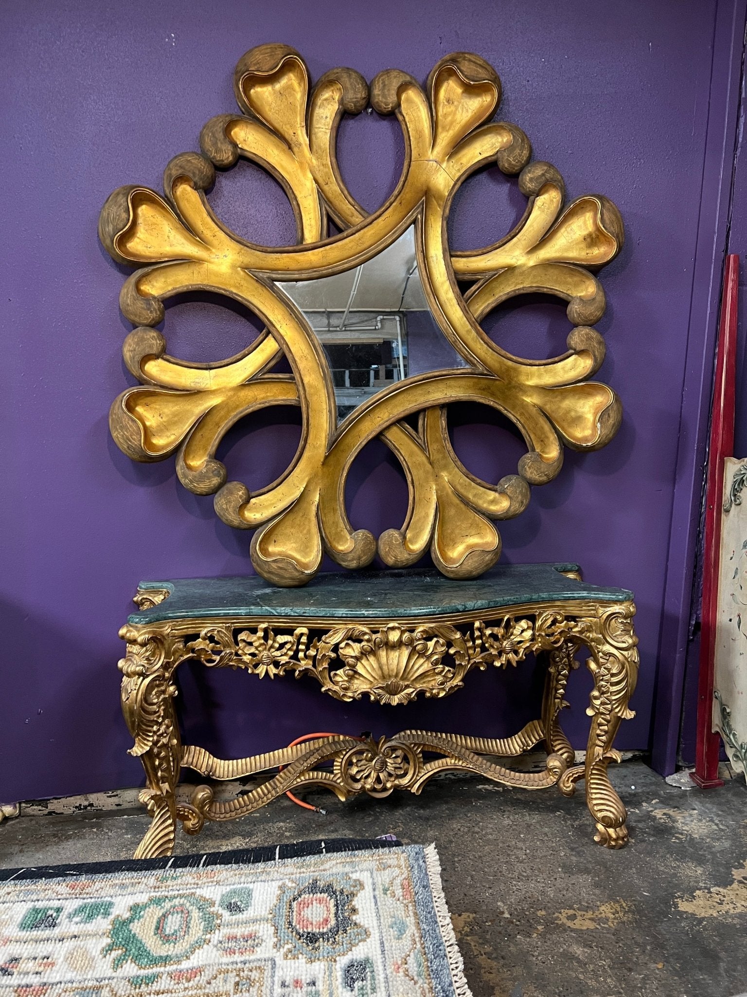 Dauphine 4.8 x 1.8 x 2.8 Gilded Hand Carved Marble Top Console Table | Banana Manor Rug Company