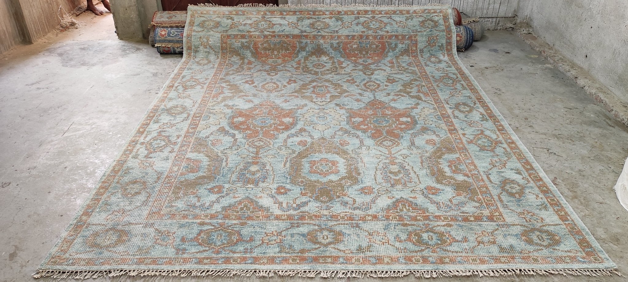 Delphine Krakoff Light Brown and Blue Hand-Knotted Oushak Rug 8.3x10 | Banana Manor Rug Company