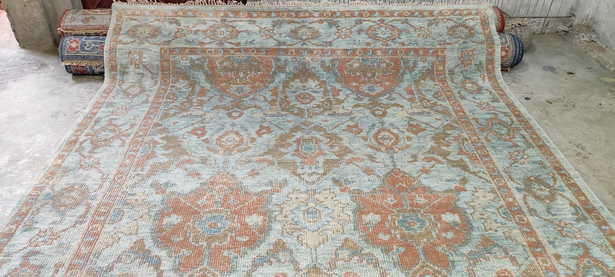 Delphine Krakoff Light Brown and Blue Hand-Knotted Oushak Rug 8.3x10 | Banana Manor Rug Company