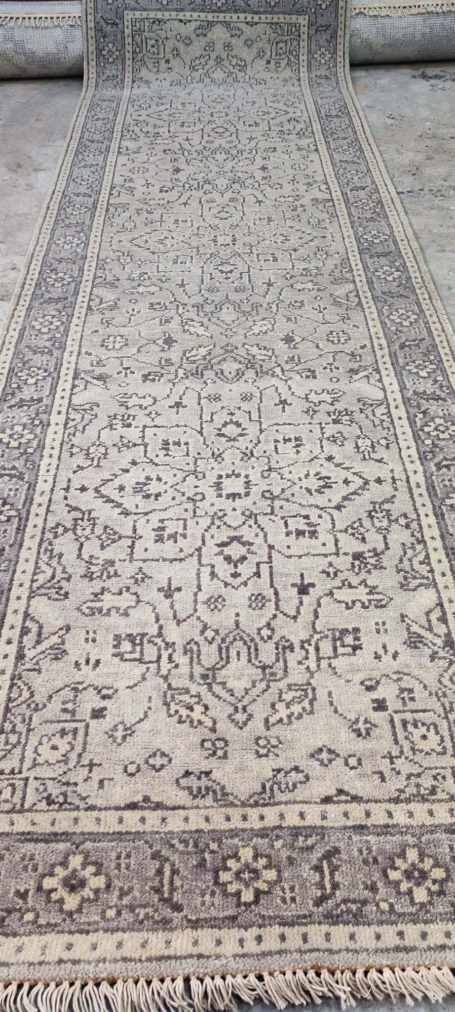 Denise McGaha Grey and Silver Hand-Knotted Oushak Runner 2.9x9 | Banana Manor Rug Company