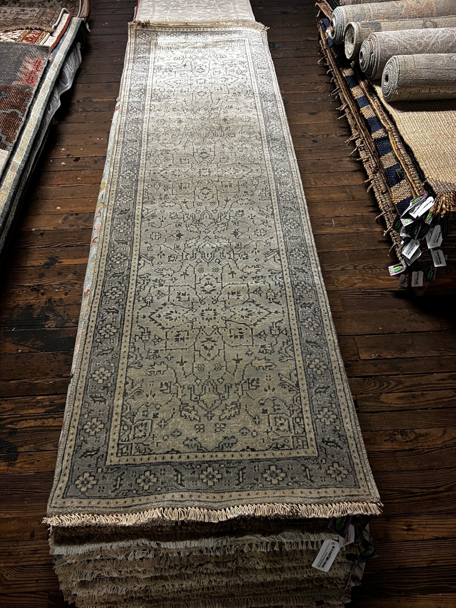 Denise McGaha Grey and Silver Hand-Knotted Oushak Runner 2.9x9 | Banana Manor Rug Company