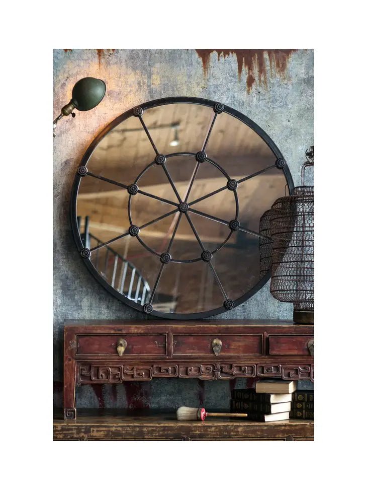 Dirty Diana Distressed Round Cast Iron 36" Mirror with Rosettes | Banana Manor Rug Company