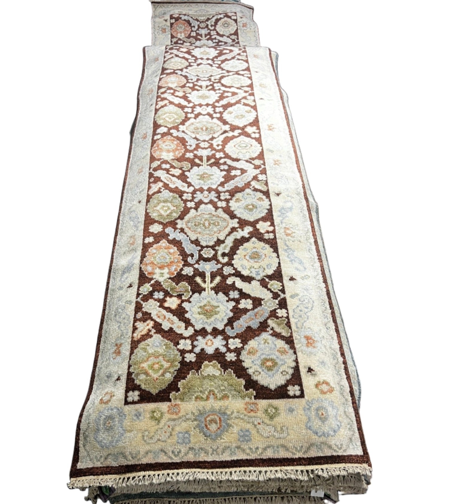 Dorothy Draper Red and Ivory Hand-Knotted Oushak Runner 3x14.3 | Banana Manor Rug Company