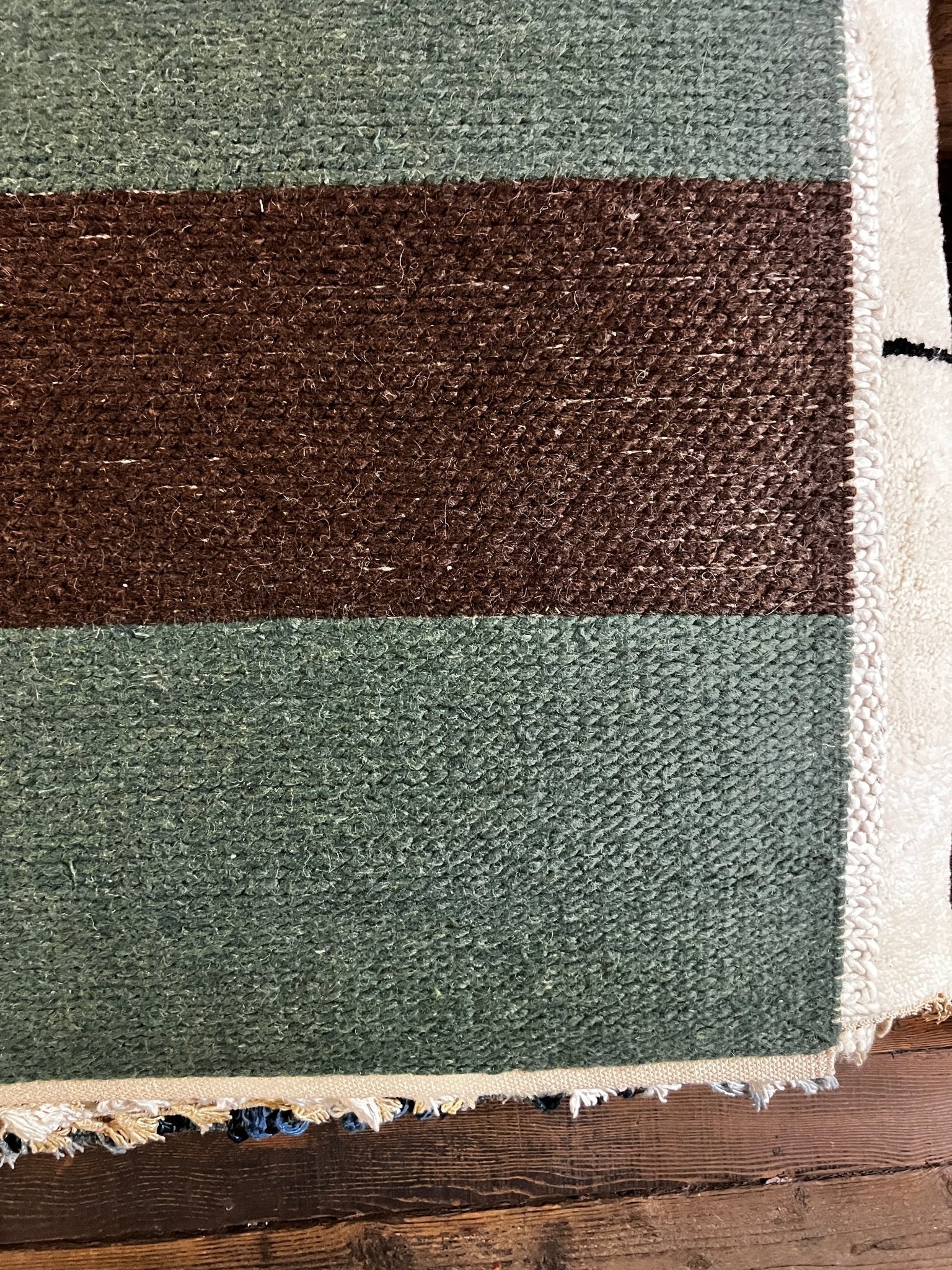 Dr. Evil 4.6x7 Brown and Green Striped Handwoven Durrie Rug | Banana Manor Rug Company