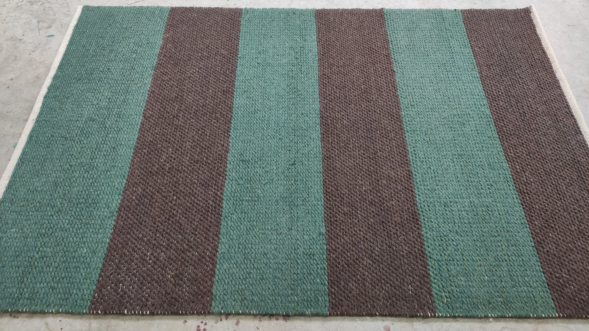 Dr. Evil 4.6x7 Brown and Green Striped Handwoven Durrie Rug | Banana Manor Rug Company