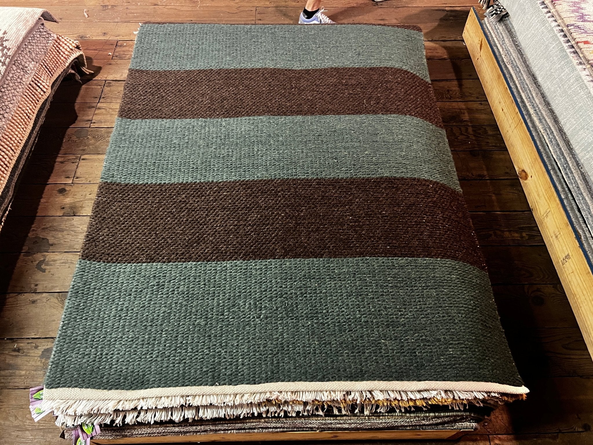 Dr. Evil 4.6x7 Brown and Green Striped Handwoven Durrie Rug | Banana Manor Rug Factory Outlet