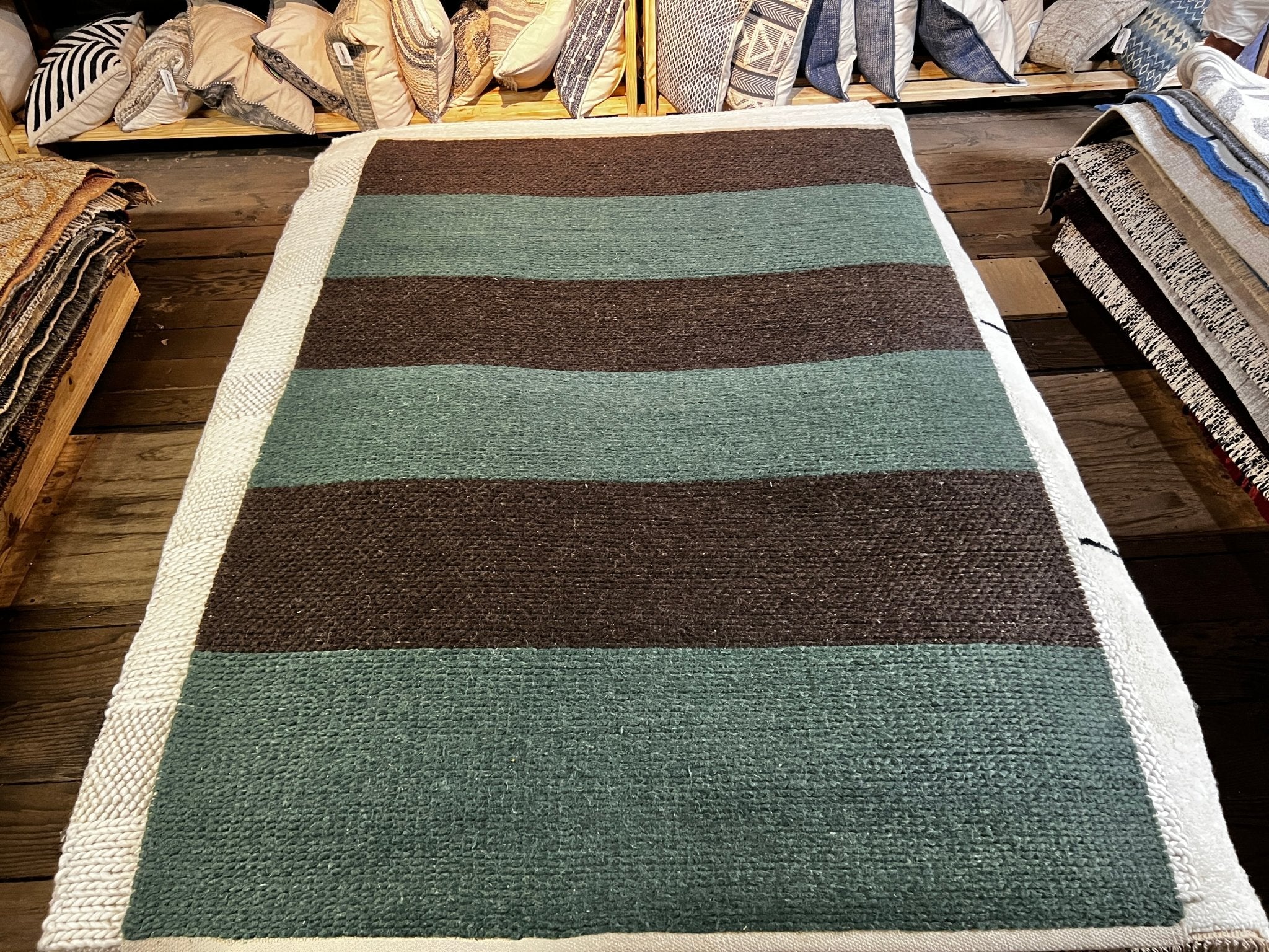 Dr. Evil 4.6x7 Brown and Green Striped Handwoven Durrie Rug | Banana Manor Rug Company