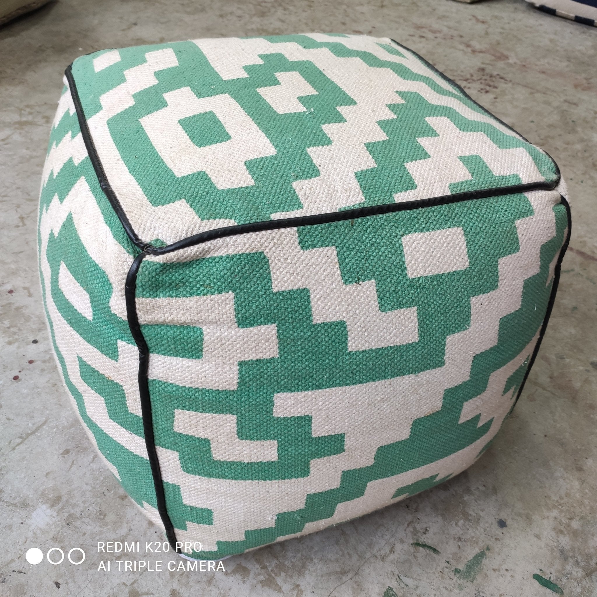 Dwyer Handwoven Green and Ivory Cotton Pouffe | Banana Manor Rug Company