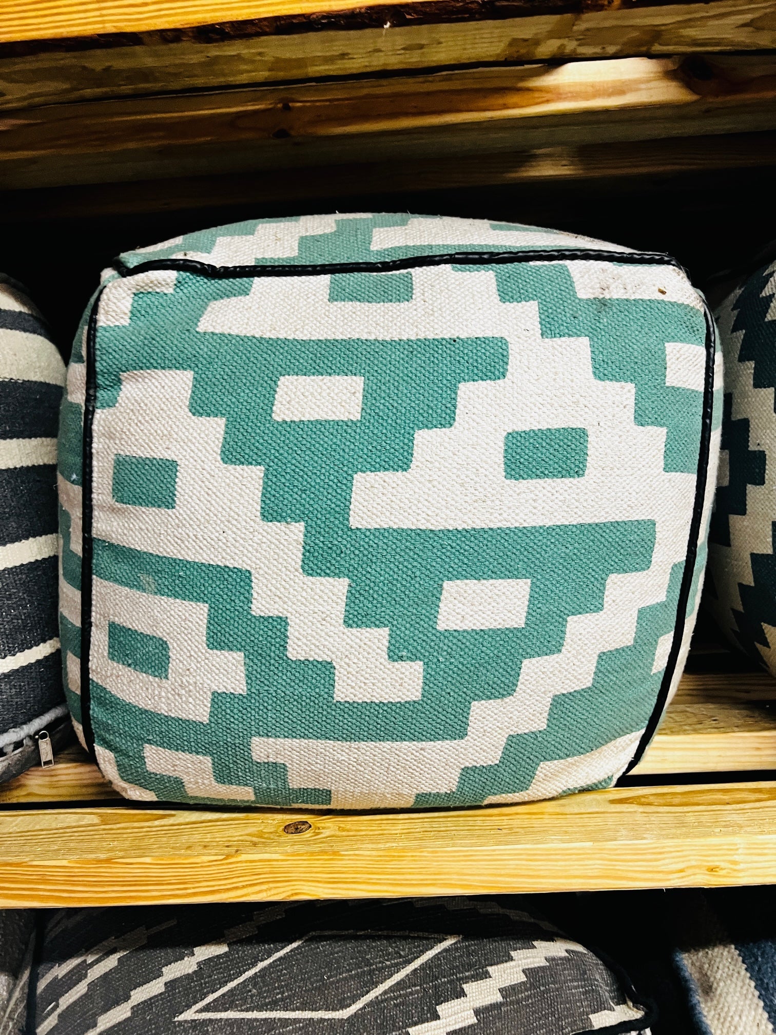 Dwyer Handwoven Green and Ivory Cotton Pouffe | Banana Manor Rug Company