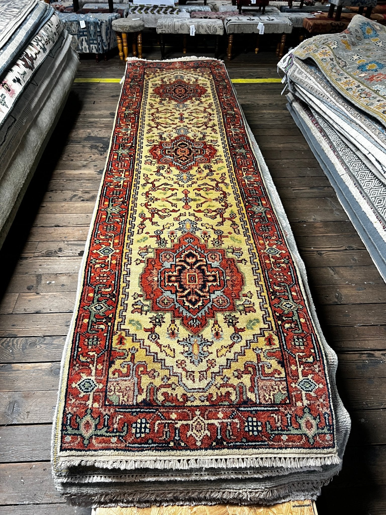 Eddie Jemison 2.6x9.9 Ivory and Rust Hand-Knotted Serapi Runner | Banana Manor Rug Factory Outlet