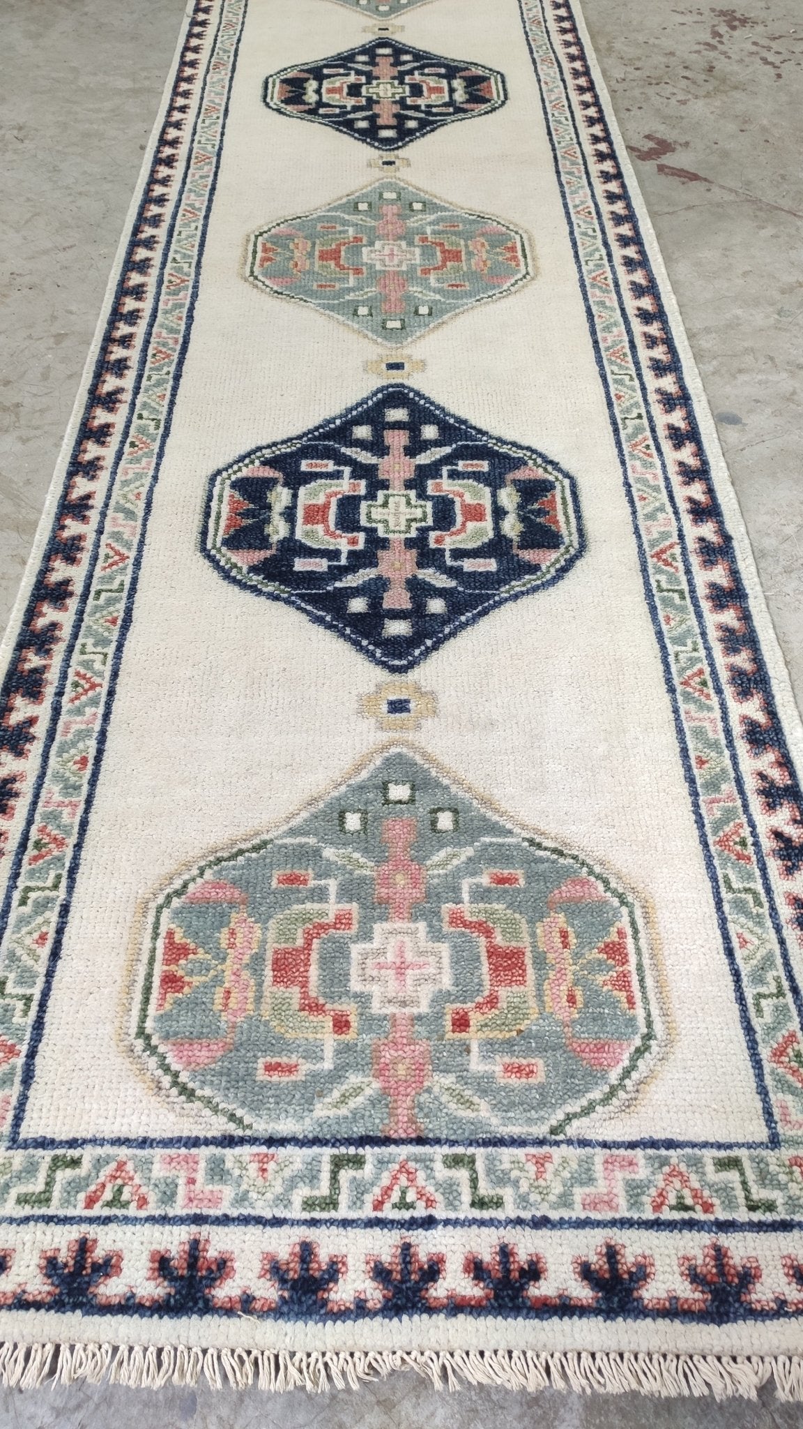 Eleanor 2.6x18 Cream and Blue Hand-Knotted Oushak Runner | Banana Manor Rug Company