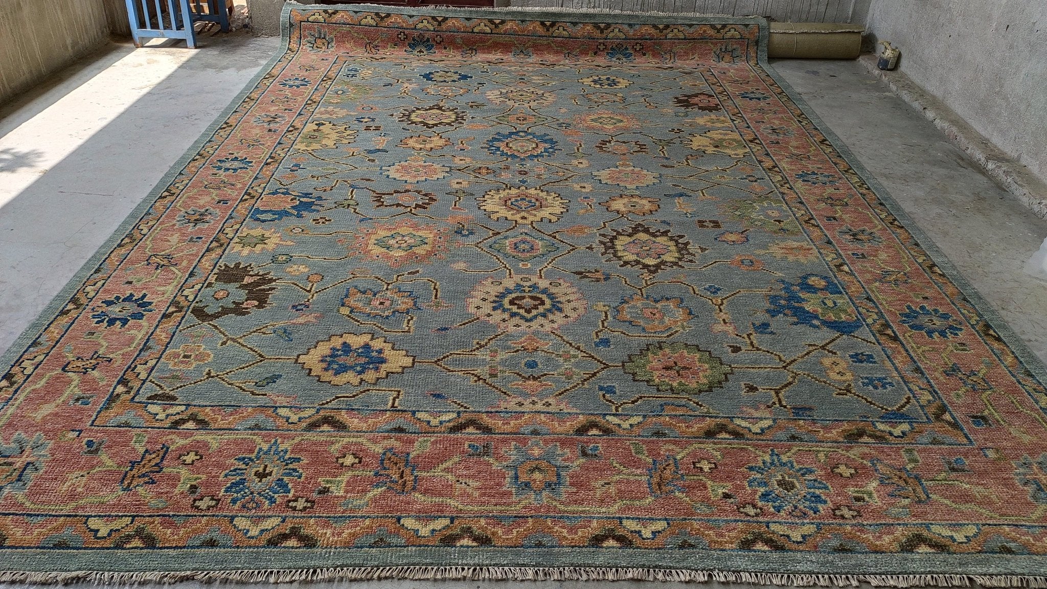 Eline Powell 10x14 Light Blue and Rust Hand-Knotted Oushak Rug | Banana Manor Rug Company