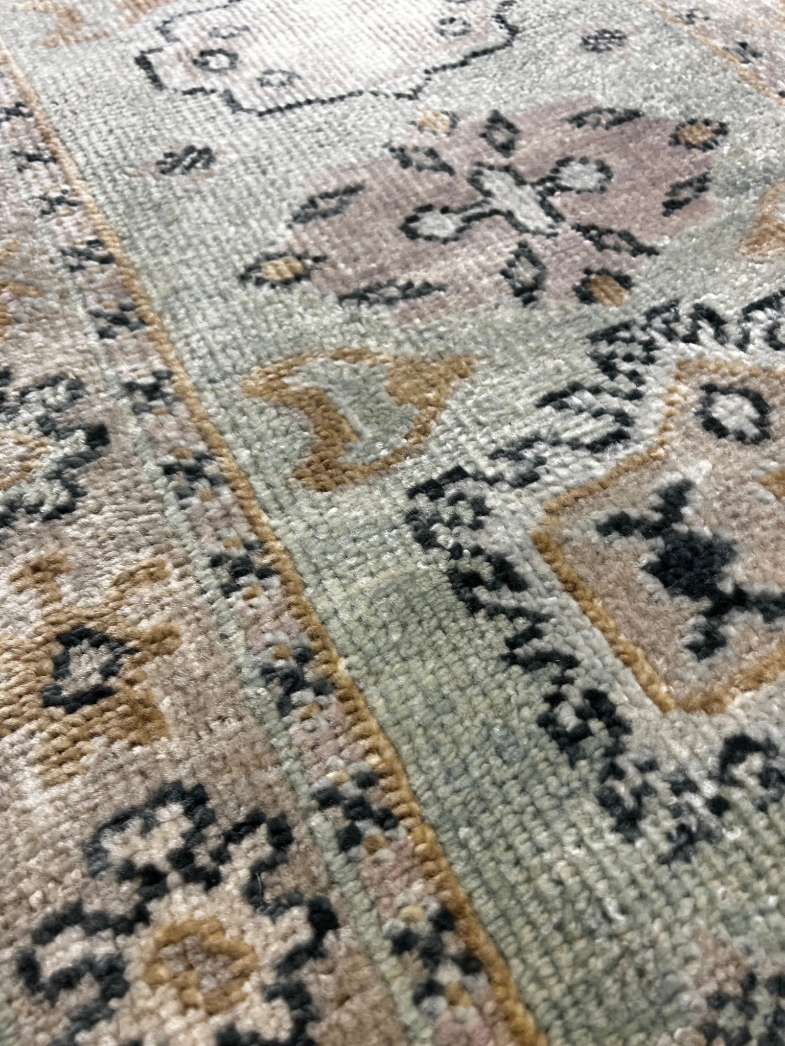 Elsie Mackay Light Green and Tan Hand-Knotted Oushak Runner 2.6x14 | Banana Manor Rug Company