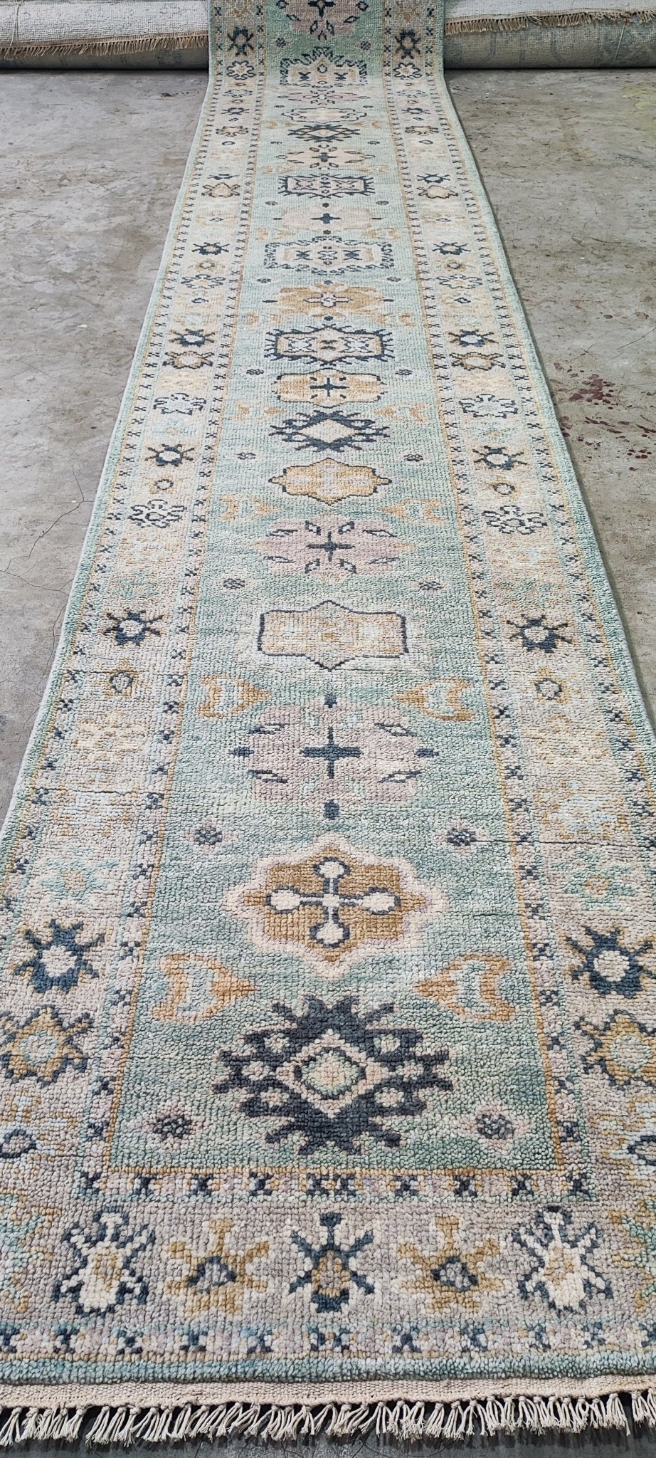 Elsie Mackay Light Green and Tan Hand-Knotted Oushak Runner 2.6x14 | Banana Manor Rug Company