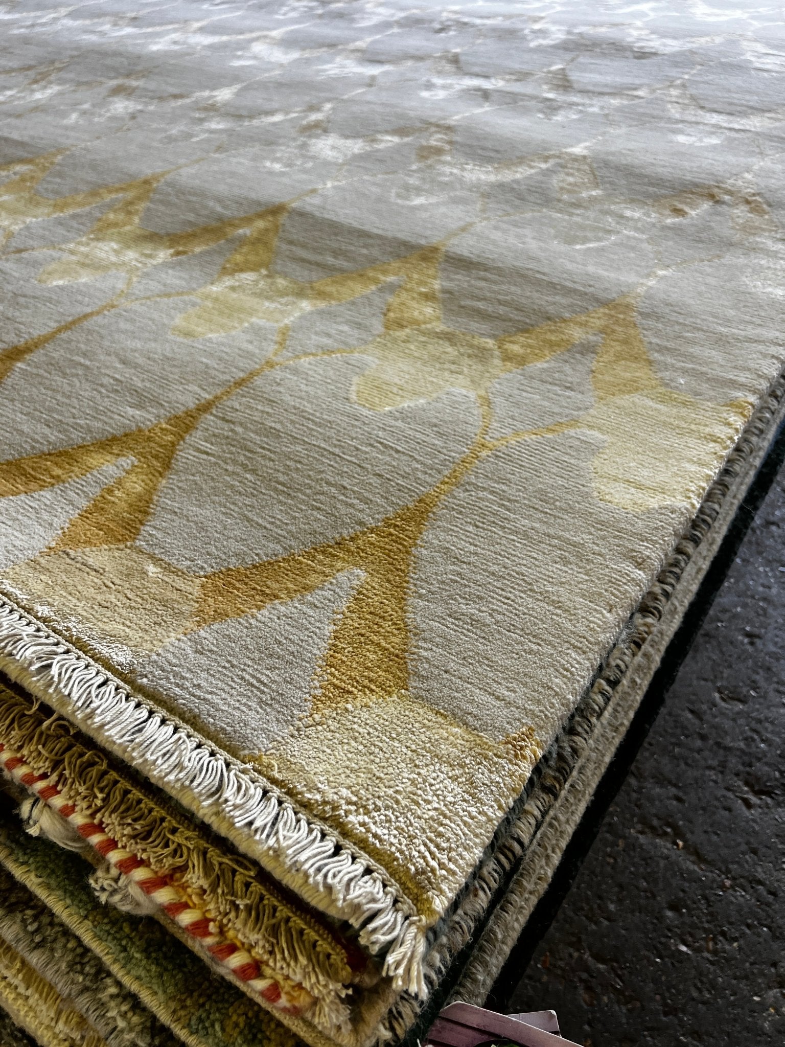 Erik Bruhn Hand-Knotted Modern Tibetan Rug Ivory and Gold 8.3x9.3 | Banana Manor Rug Company