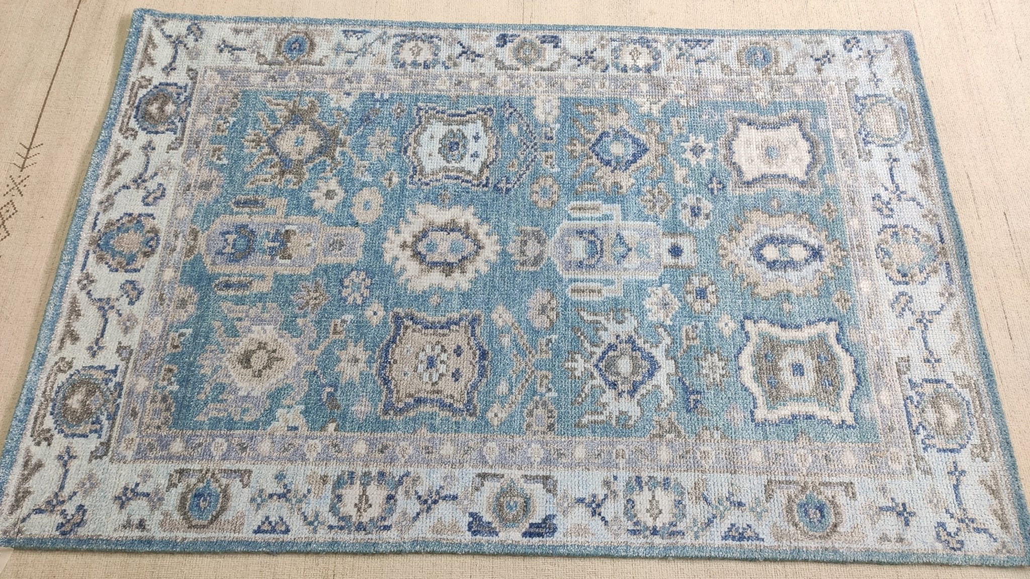 Everly 4x6 Sky Blue and Beige Hand-Knotted Bamboo Silk Oushak Rug | Banana Manor Rug Company