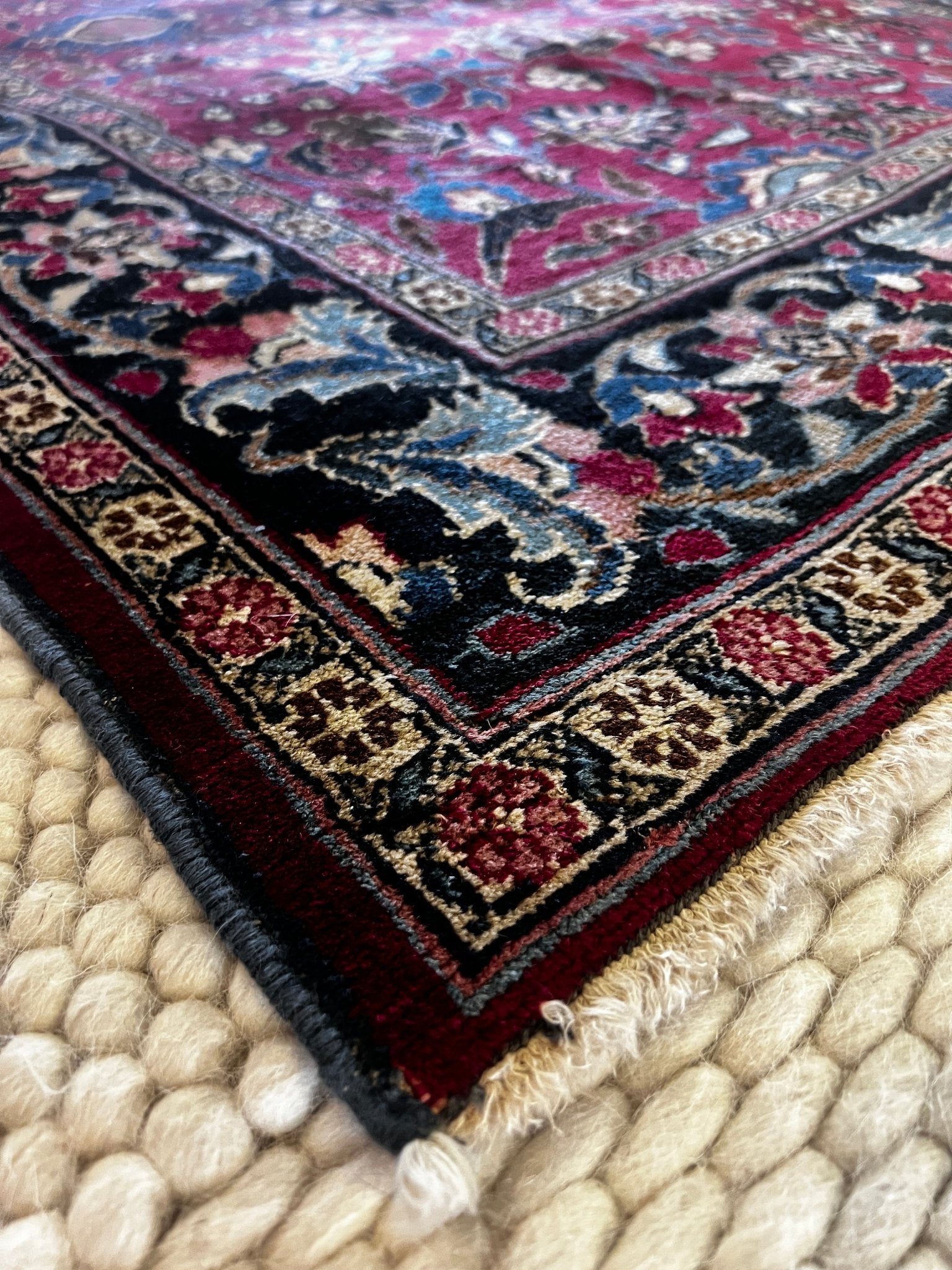 Fine Semi-Antique 4.4x5.3 Northeast Persian Mashad Rug Red and Blue | Banana Manor Rug Factory Outlet
