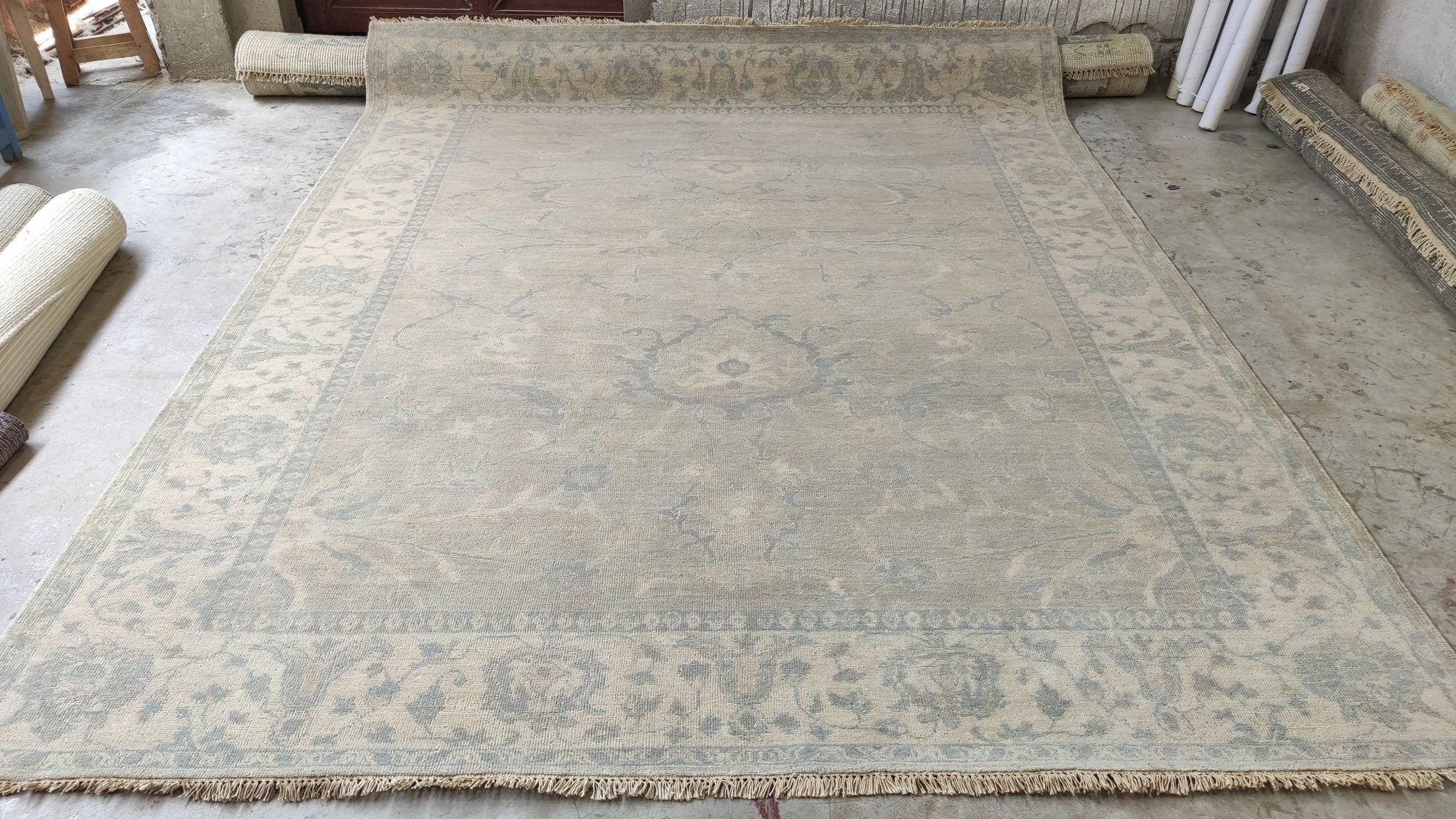 Flowerdale 8x9.9 Beige and Ivory Hand-Knotted Oushak Rug | Banana Manor Rug Company