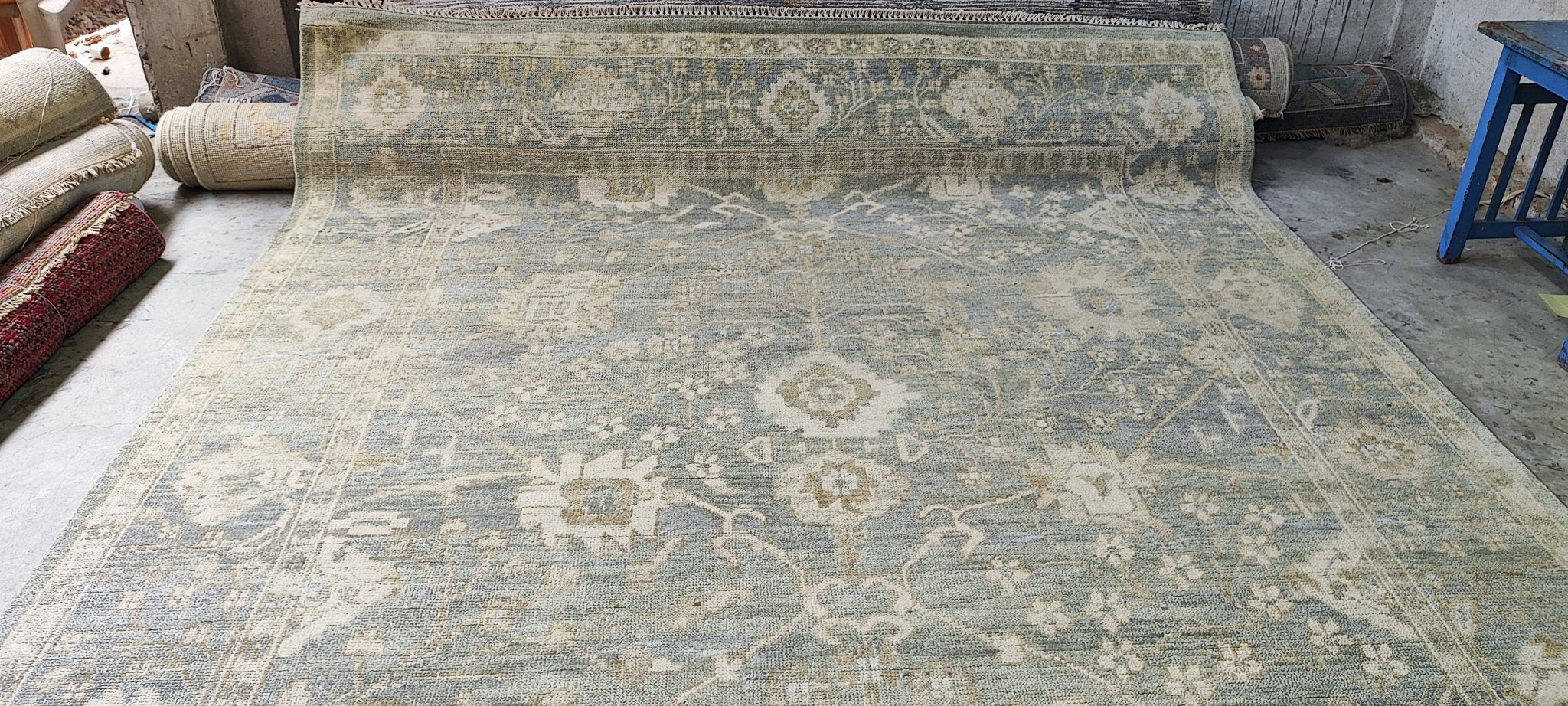 France 9x12 Hand-Knotted Aqua & Silver Oushak | Banana Manor Rug Factory Outlet