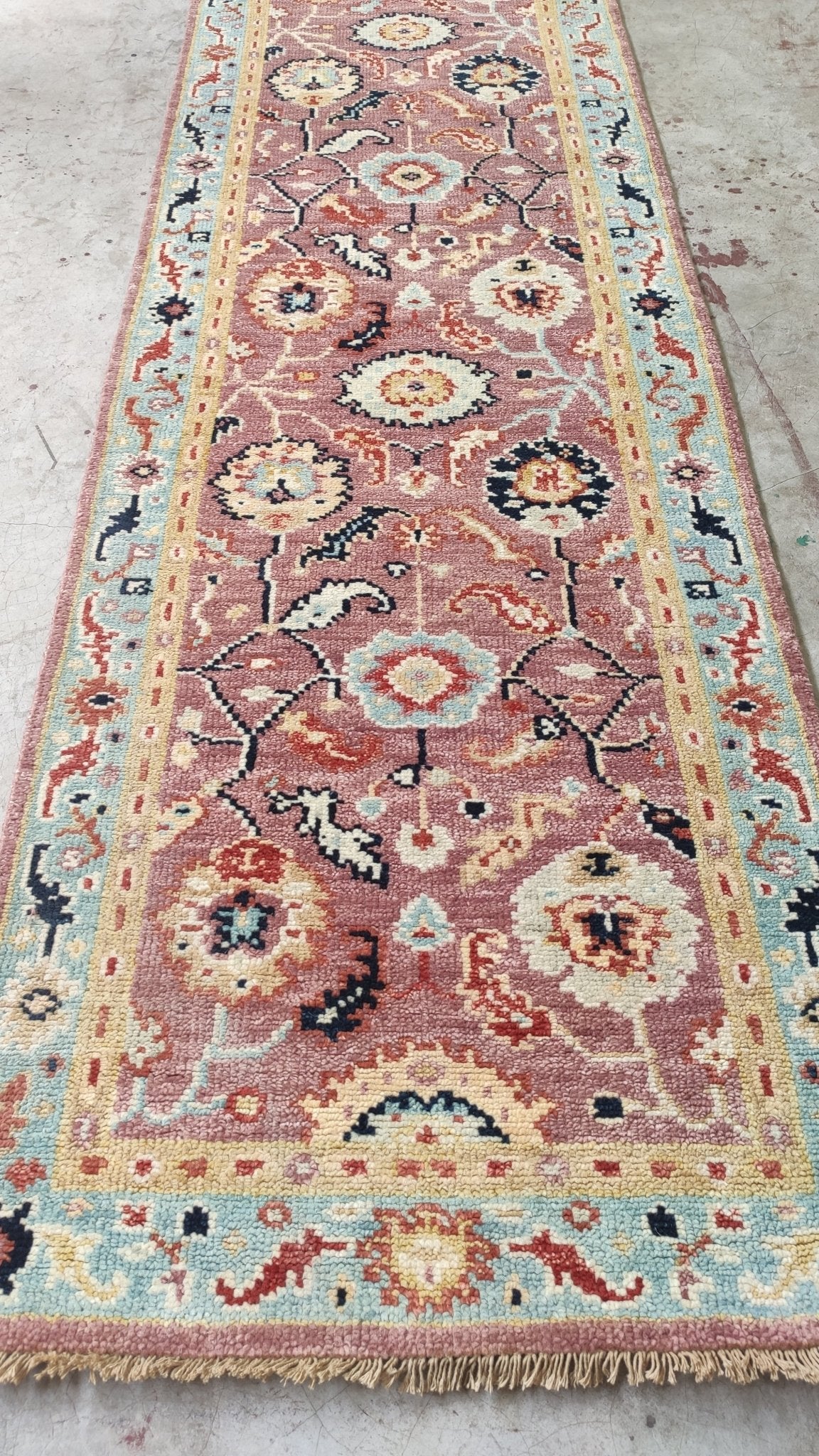 Ginger 2.9x12.6 Pink and Blue Hand-Knotted Oushak Runner | Banana Manor Rug Factory Outlet
