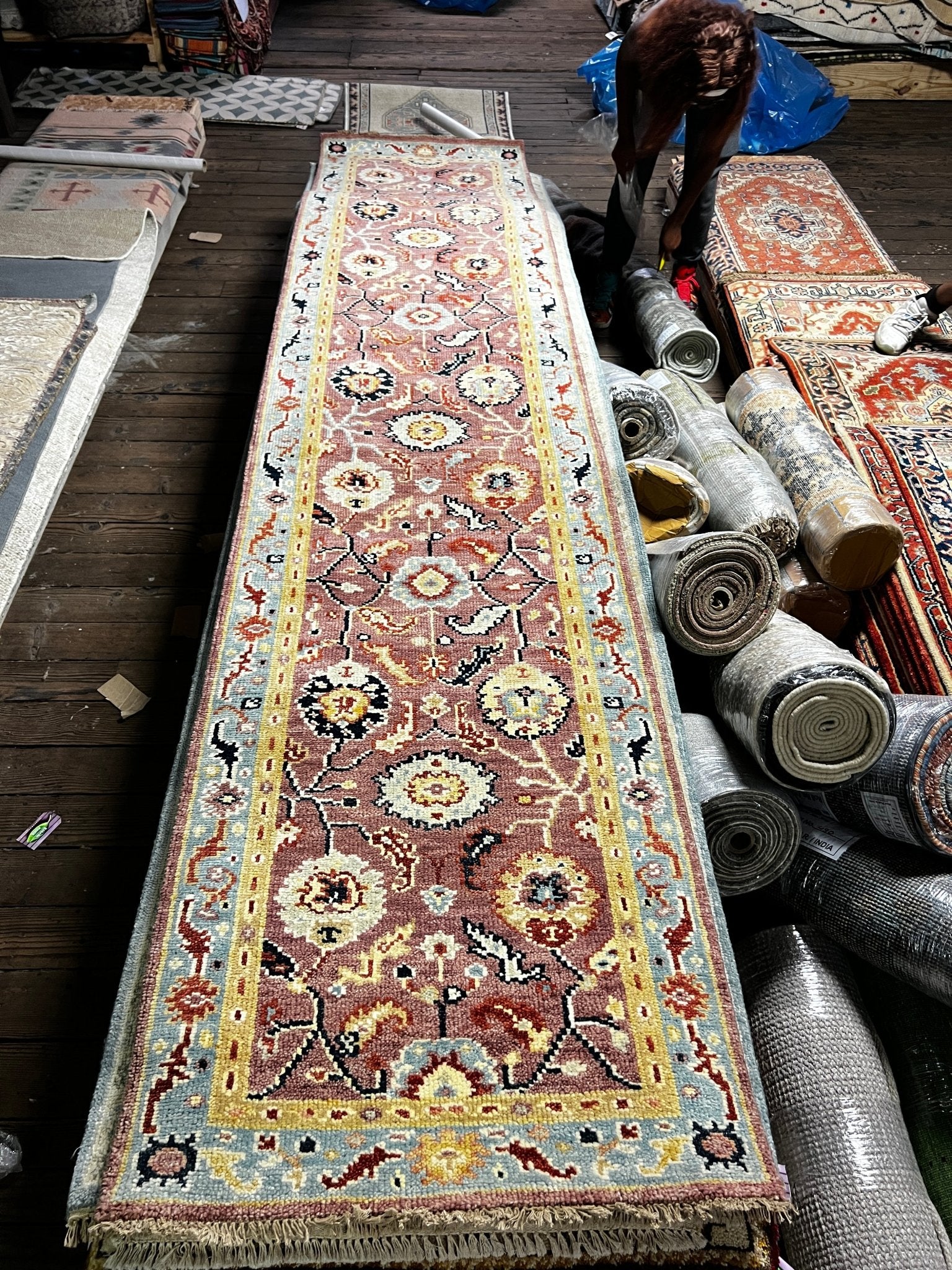 Ginger 2.9x12.6 Pink and Blue Hand-Knotted Oushak Runner | Banana Manor Rug Factory Outlet