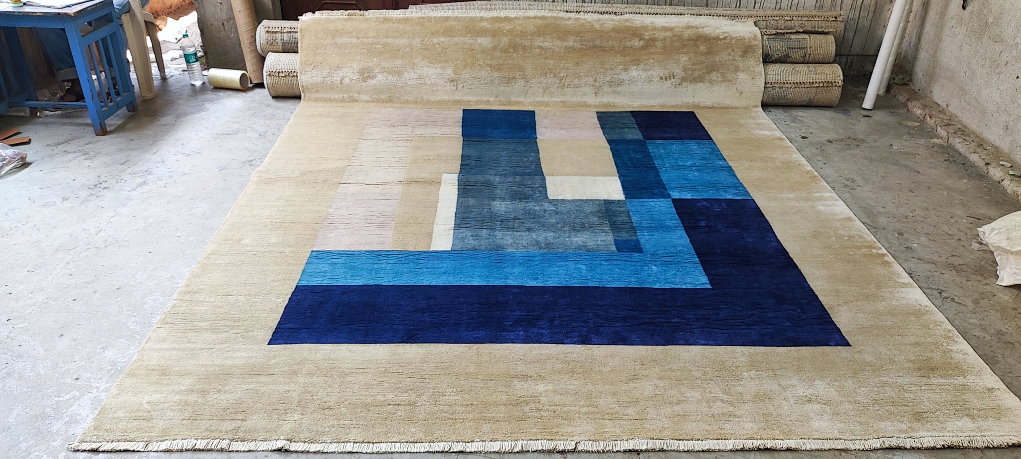 Giordana 8x9.9 Beige & Blue Hand Knotted | Banana Manor Rug Factory Outlet