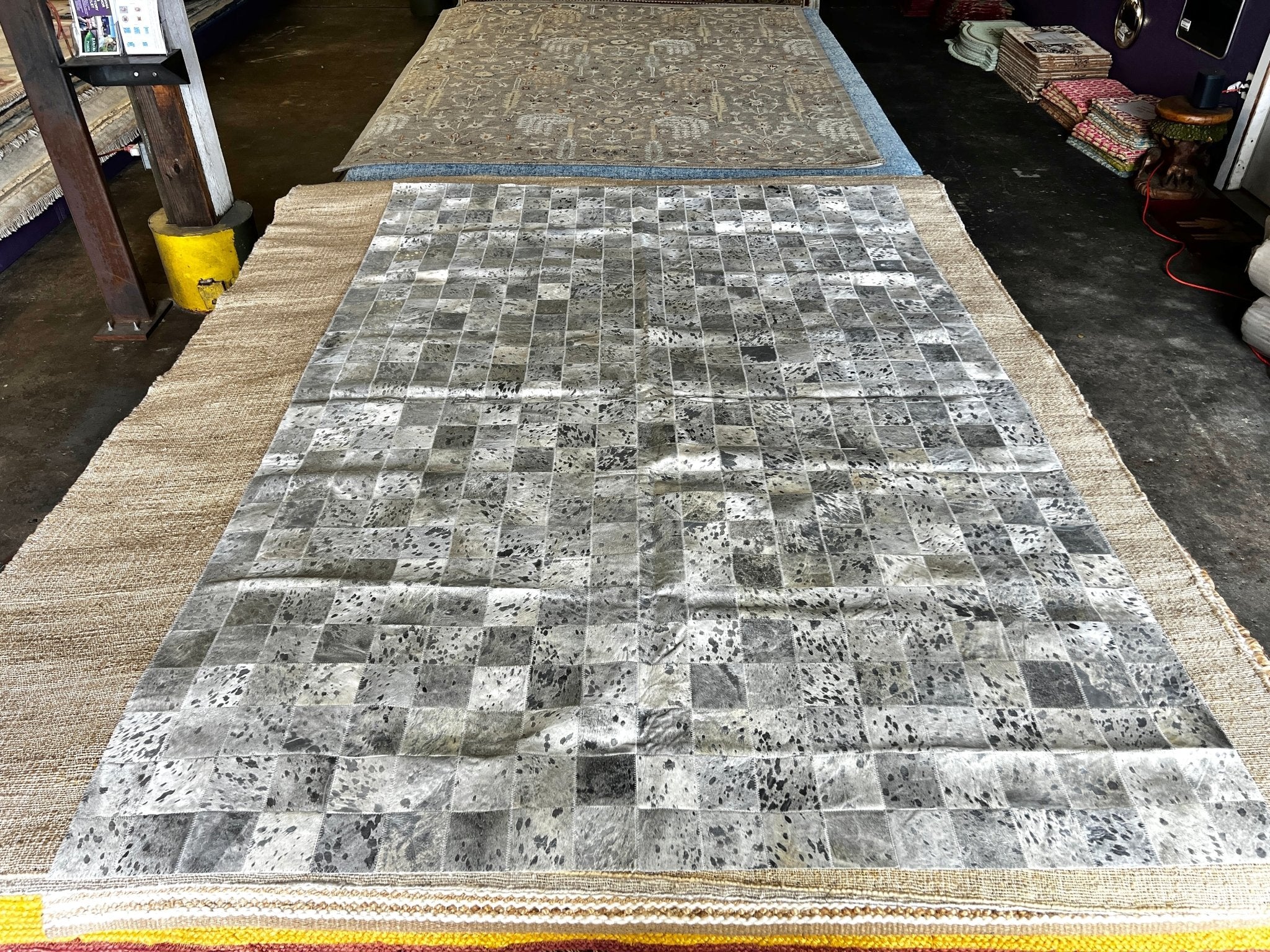 Grey and Off White Silver Flecked Patched 6.7x9.2 Cowhide Rug | Banana Manor Rug Company