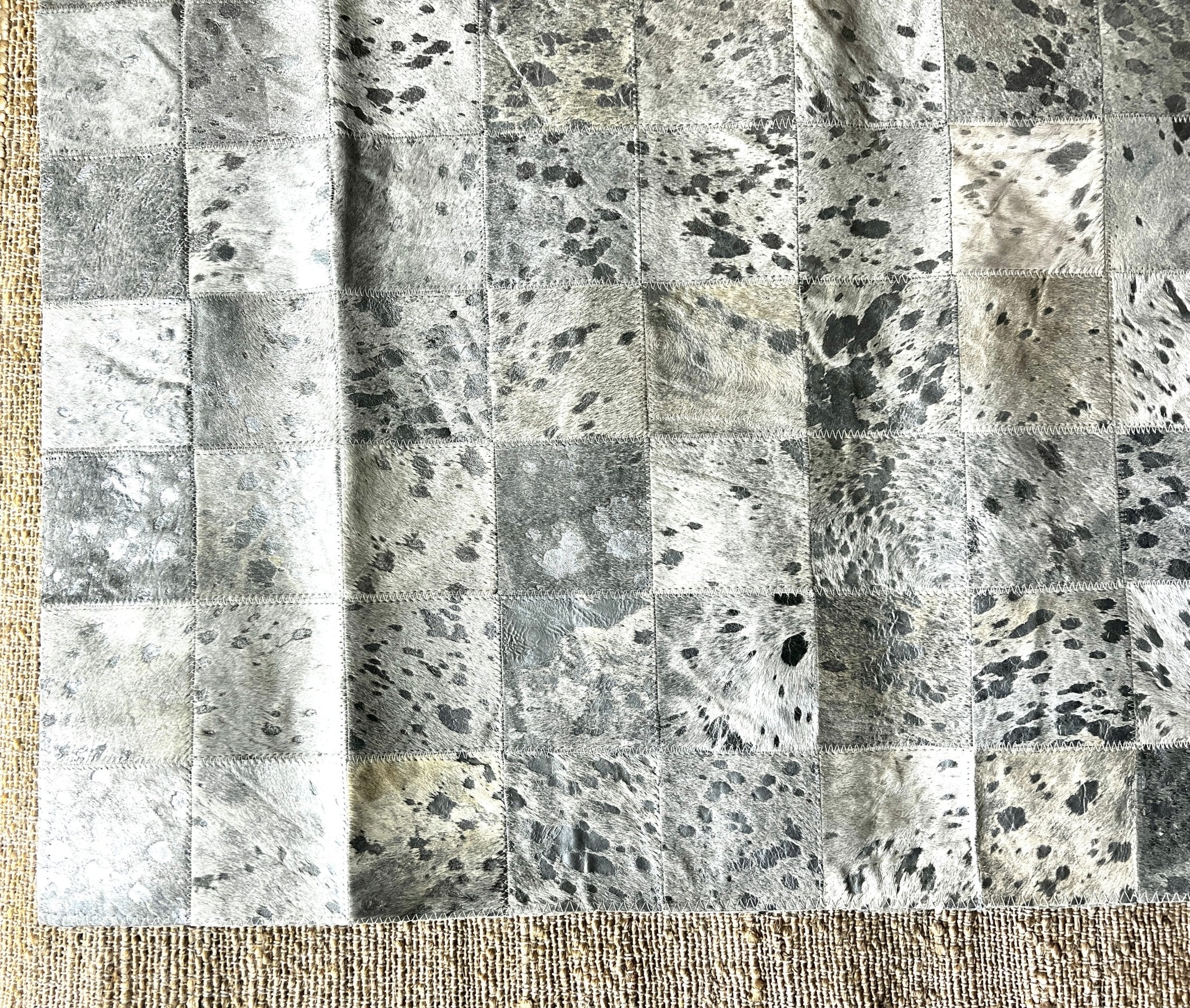 Grey and Off White Silver Flecked Patched 6.7x9.2 Cowhide Rug | Banana Manor Rug Company