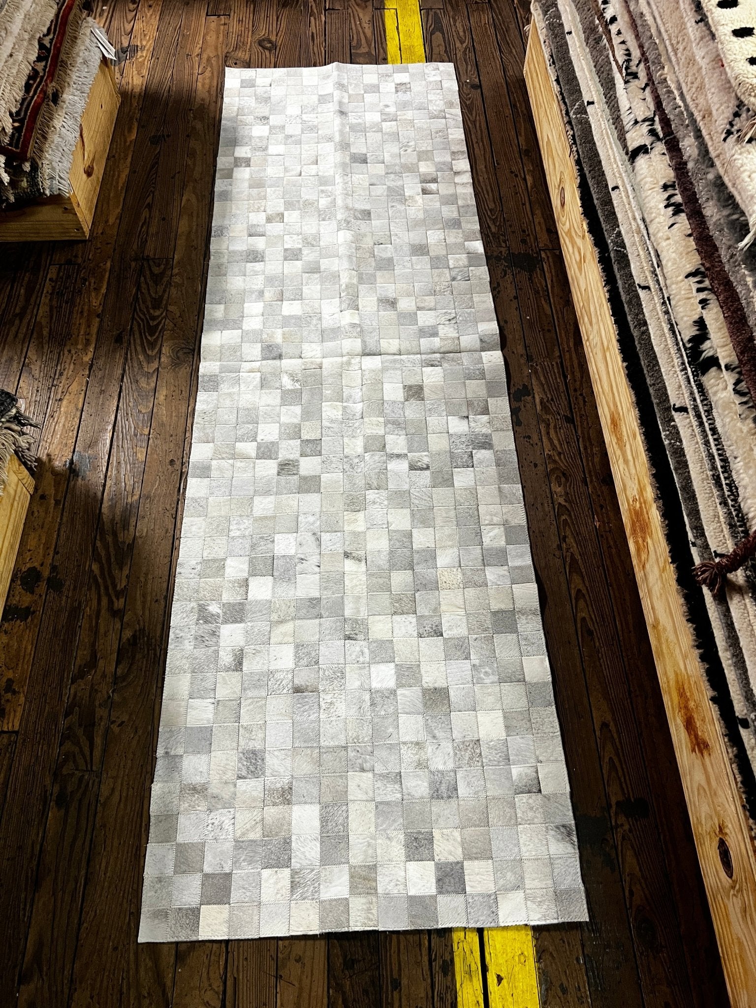 Grey and White Checkerboard Cowhide Runner 2.5x8 | Banana Manor Rug Factory Outlet