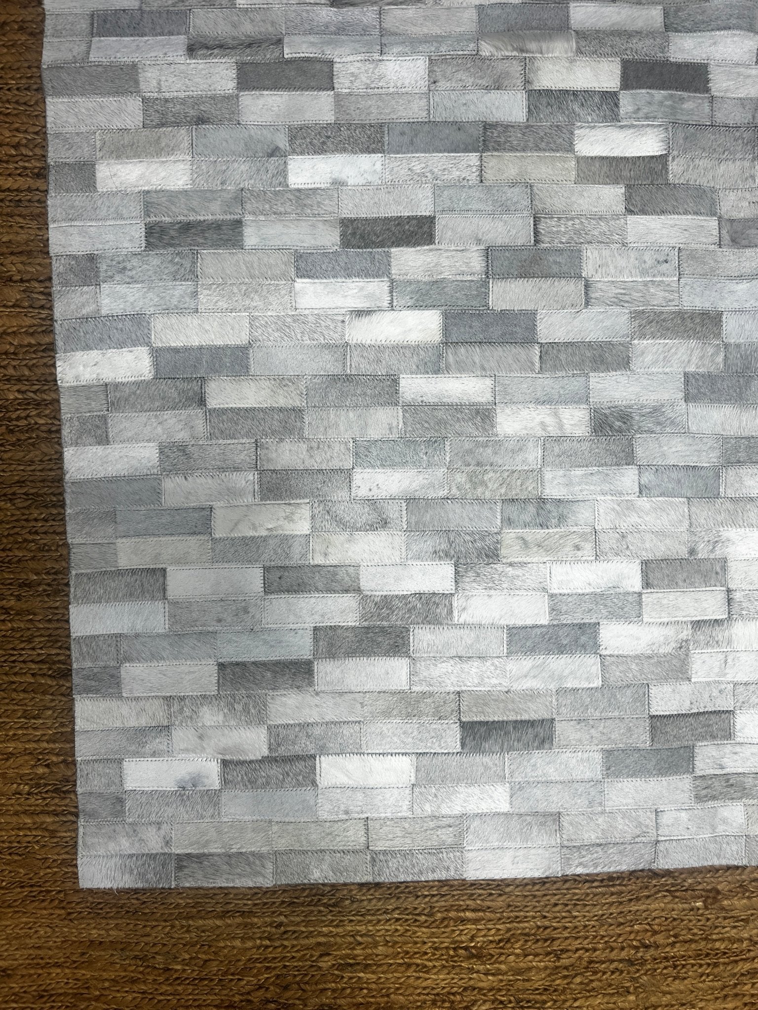 Grey and White Patchworked Cowhide Rug 8.1x10 | Banana Manor Rug Company