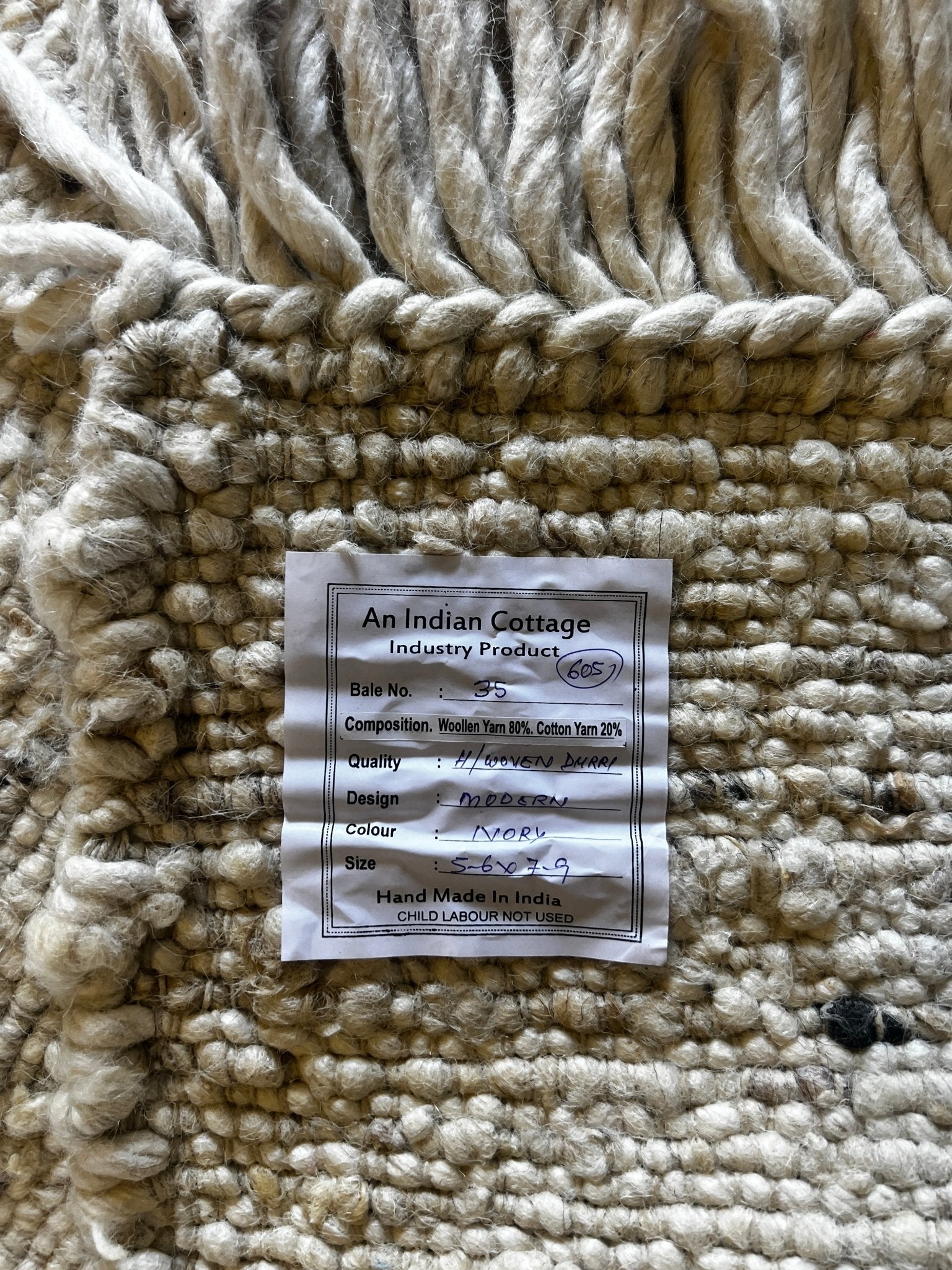 Hannah More 5.6x7.9 Handwoven Wool Durrie Natural Ivory Handcarded | Banana Manor Rug Factory Outlet