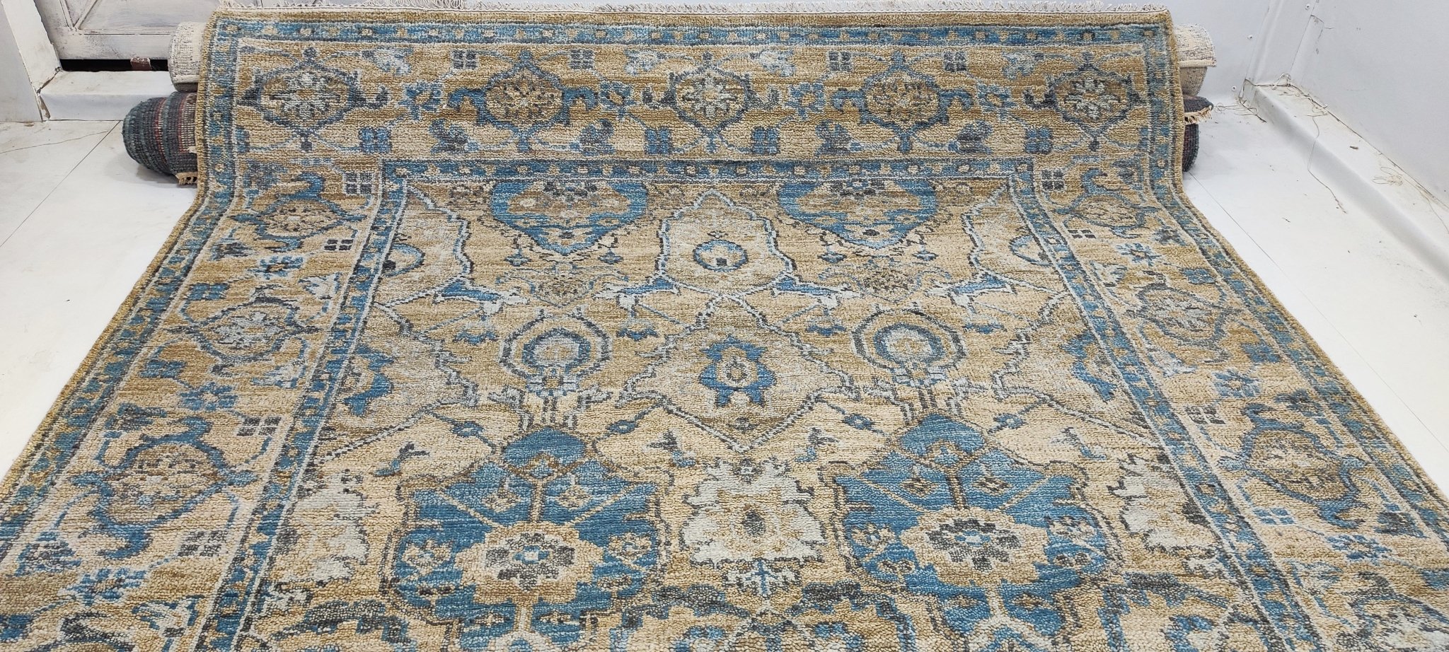 Helena Tasso 8.3x10 Hand-Knotted Gold & Blue Oushak | Banana Manor Rug Factory Outlet