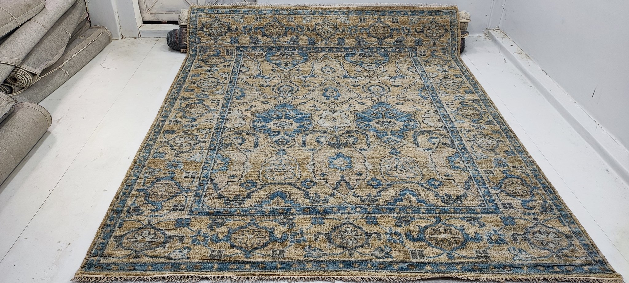 Helena Tasso 8.3x10 Hand-Knotted Gold & Blue Oushak | Banana Manor Rug Factory Outlet