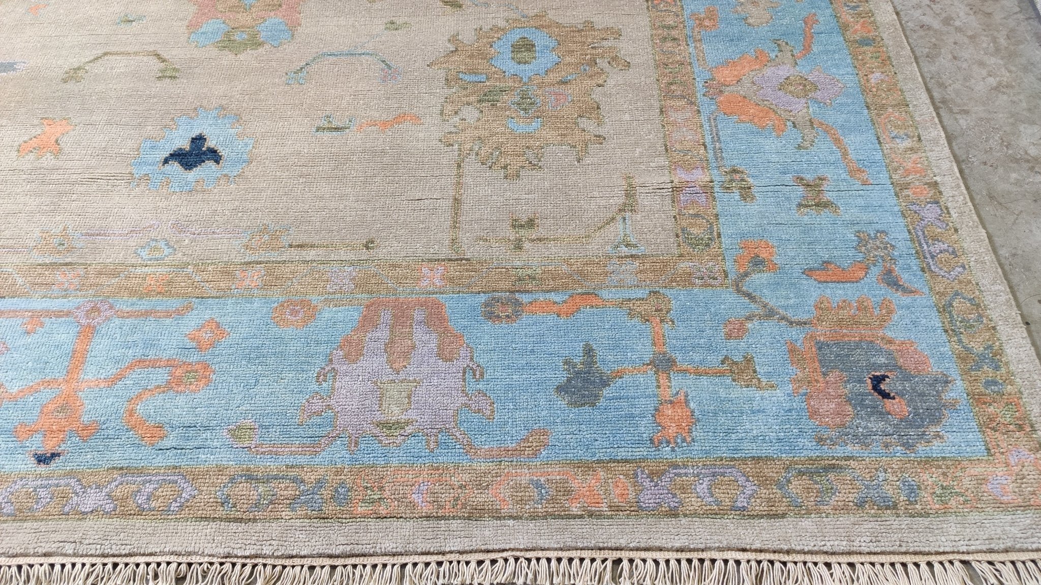 Ibis 8x10 Light Brown and Blue Hand-Knotted Oushak | Banana Manor Rug Company