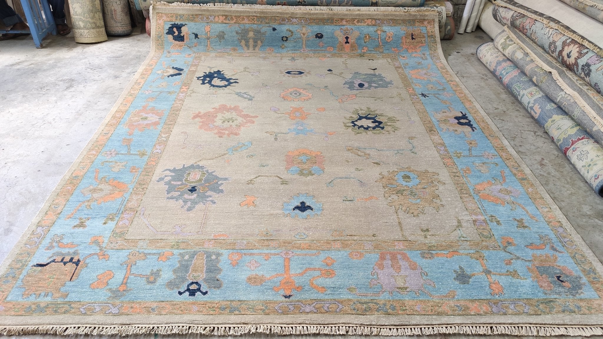 Ibis 8x10 Light Brown and Blue Hand-Knotted Oushak | Banana Manor Rug Company