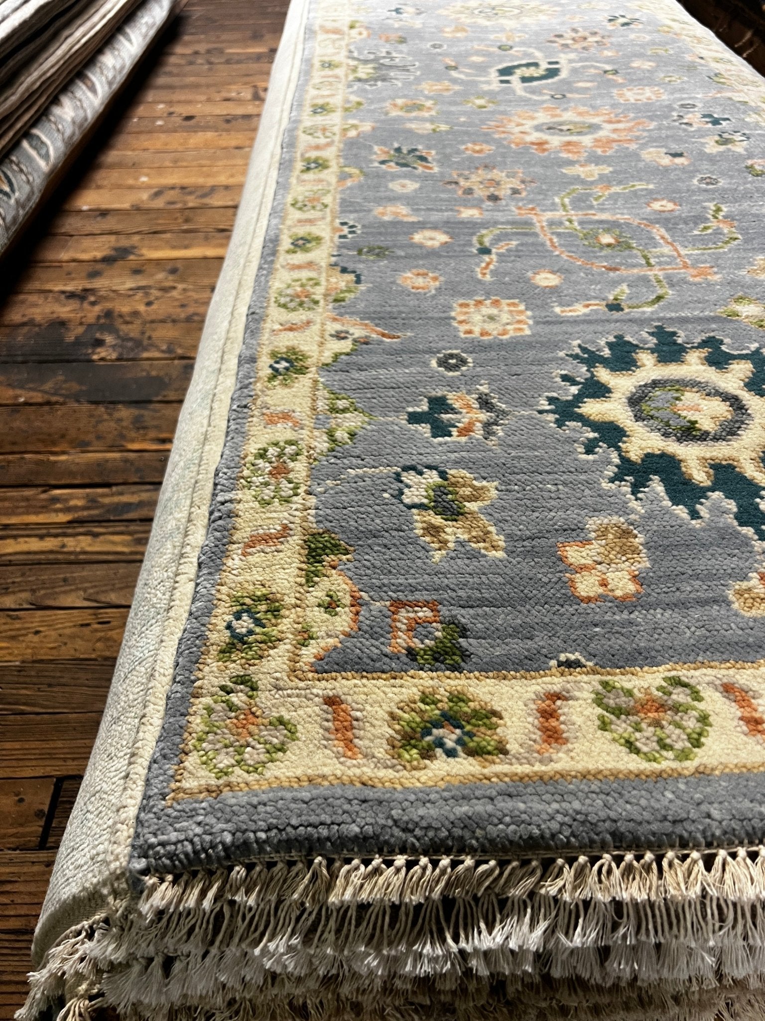 Isabelle Adjani 2.6x12.6 Light Blue and Beige Hand-Knotted Oushak Runner | Banana Manor Rug Factory Outlet