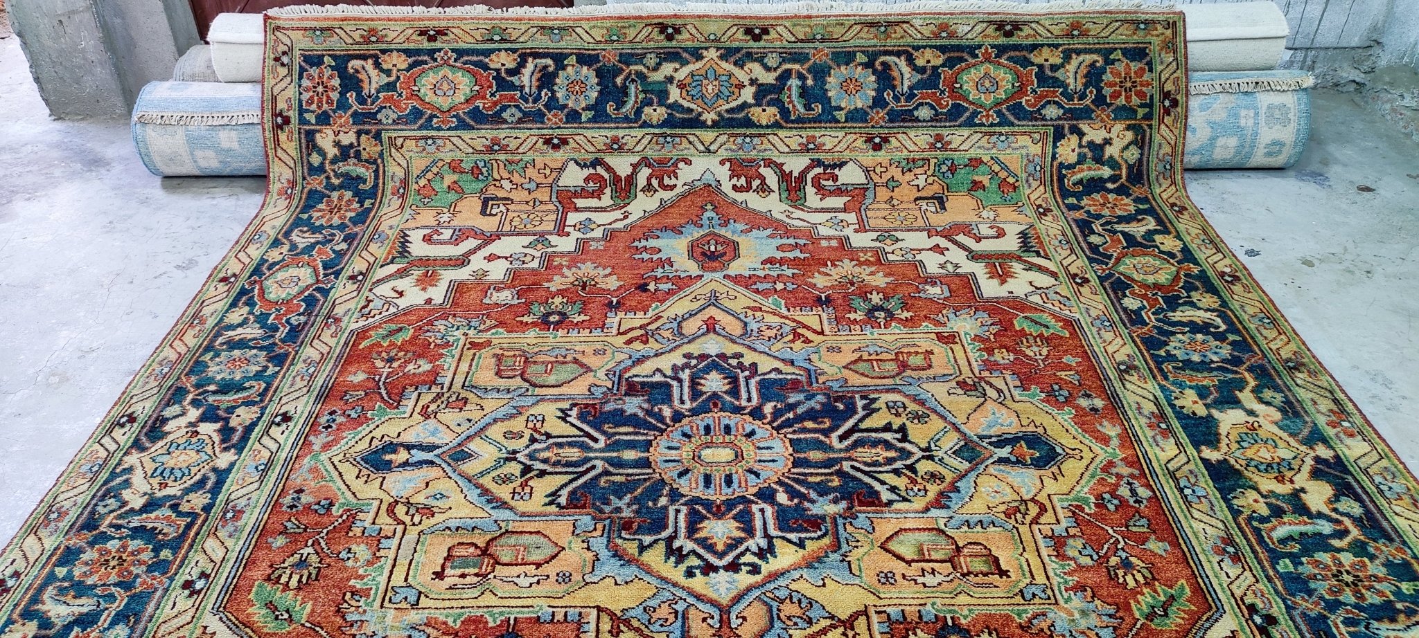 Jacqueline McKenzie Hand-Knotted Heriz Rug Rust and Blue 8X9.9 | Banana Manor Rug Company