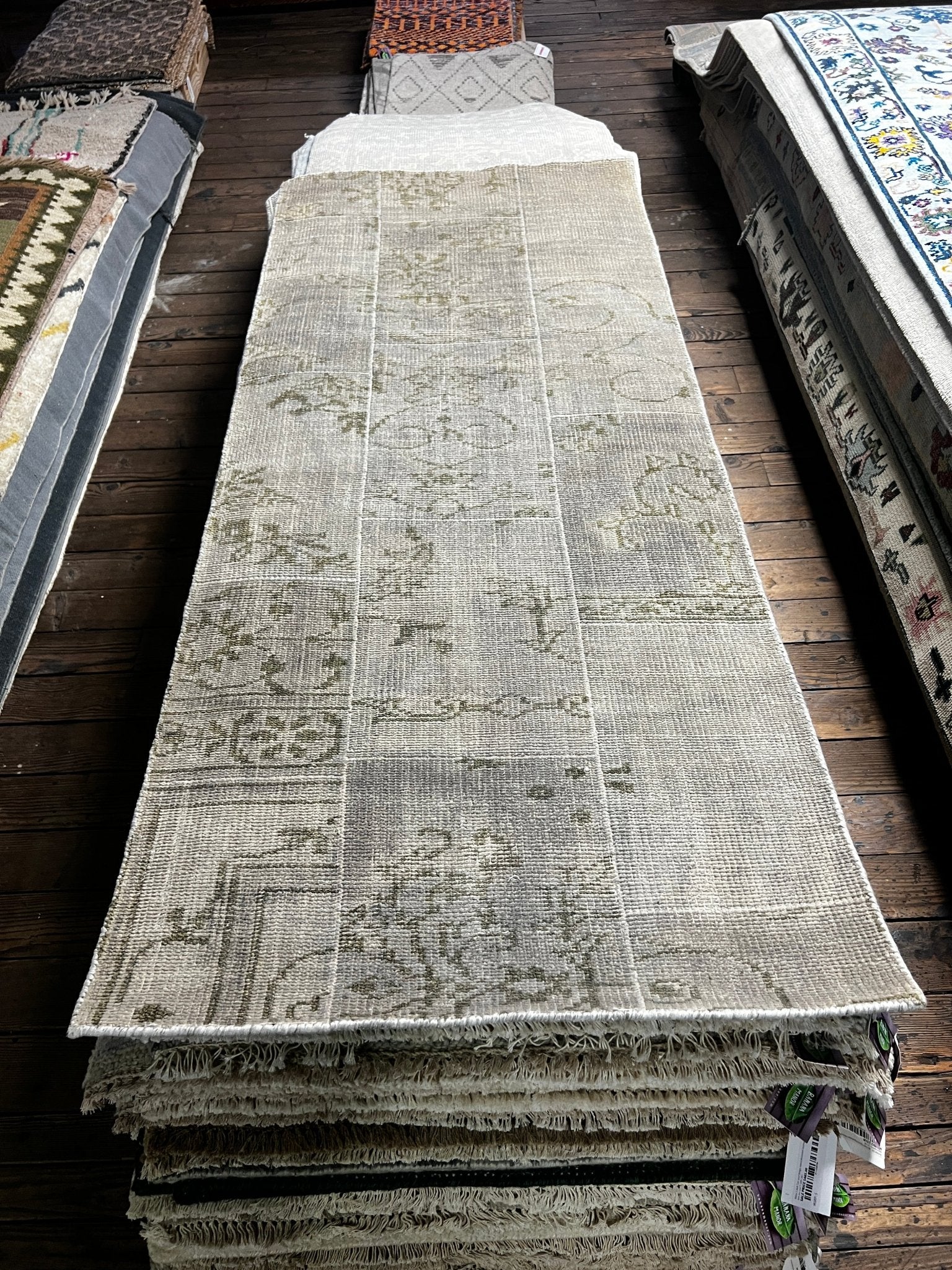 Jan Showers 2.6x6.9 Silver and Grey Patched Weave Hand-Knotted Oushak Runner | Banana Manor Rug Factory Outlet