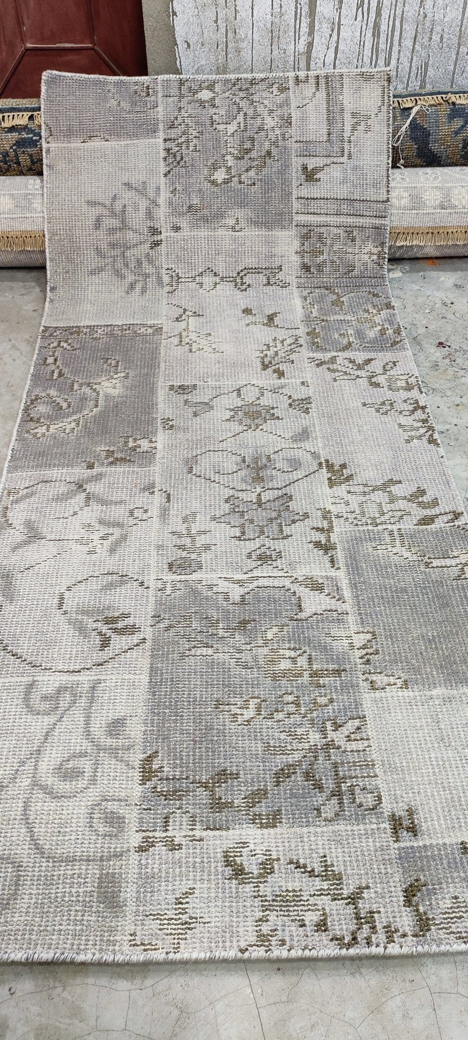 Jan Showers Silver and Grey Patched Weave Hand-Knotted Oushak Runner 2.6x6.9 | Banana Manor Rug Company